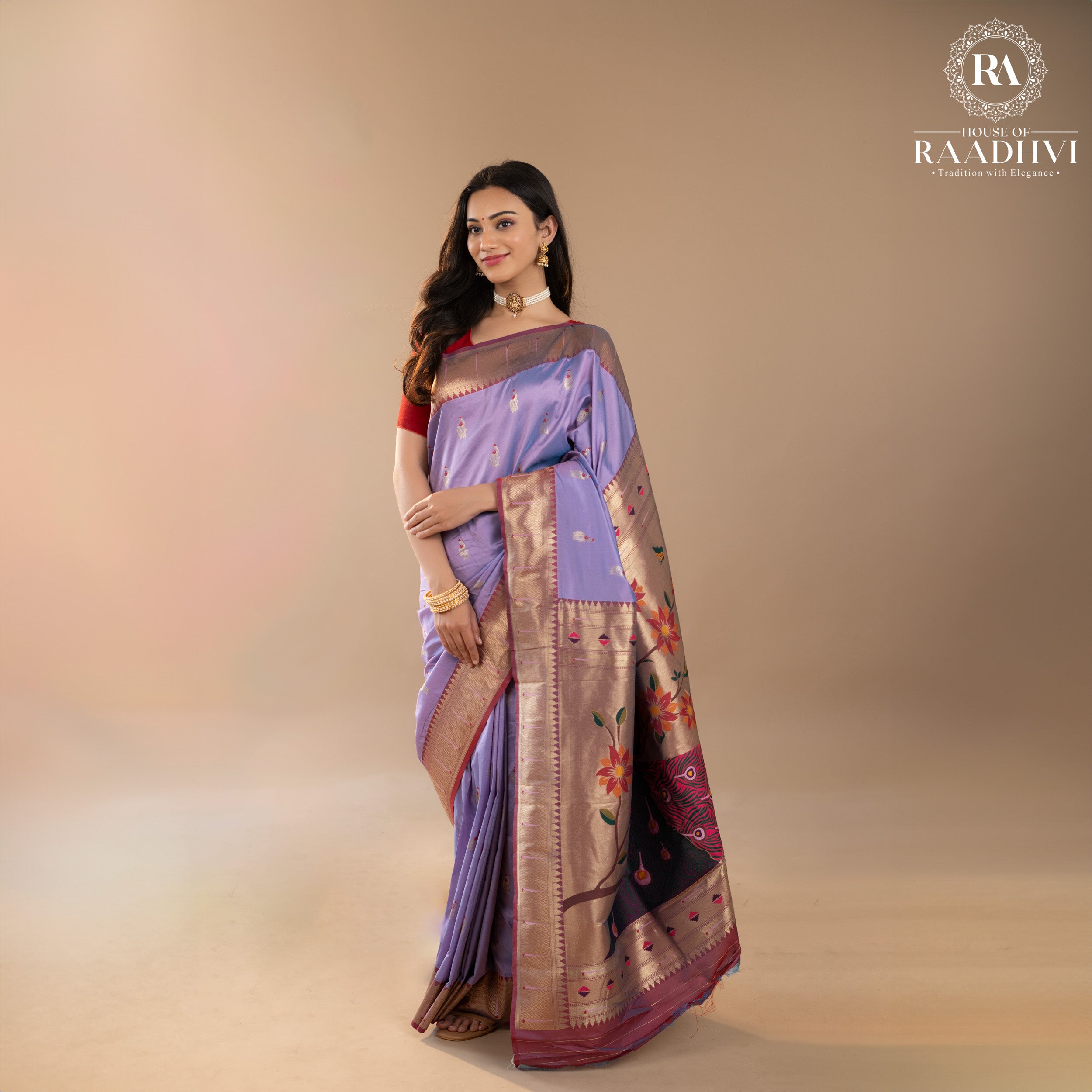 Lilac peacock butta paithani soft silk saree