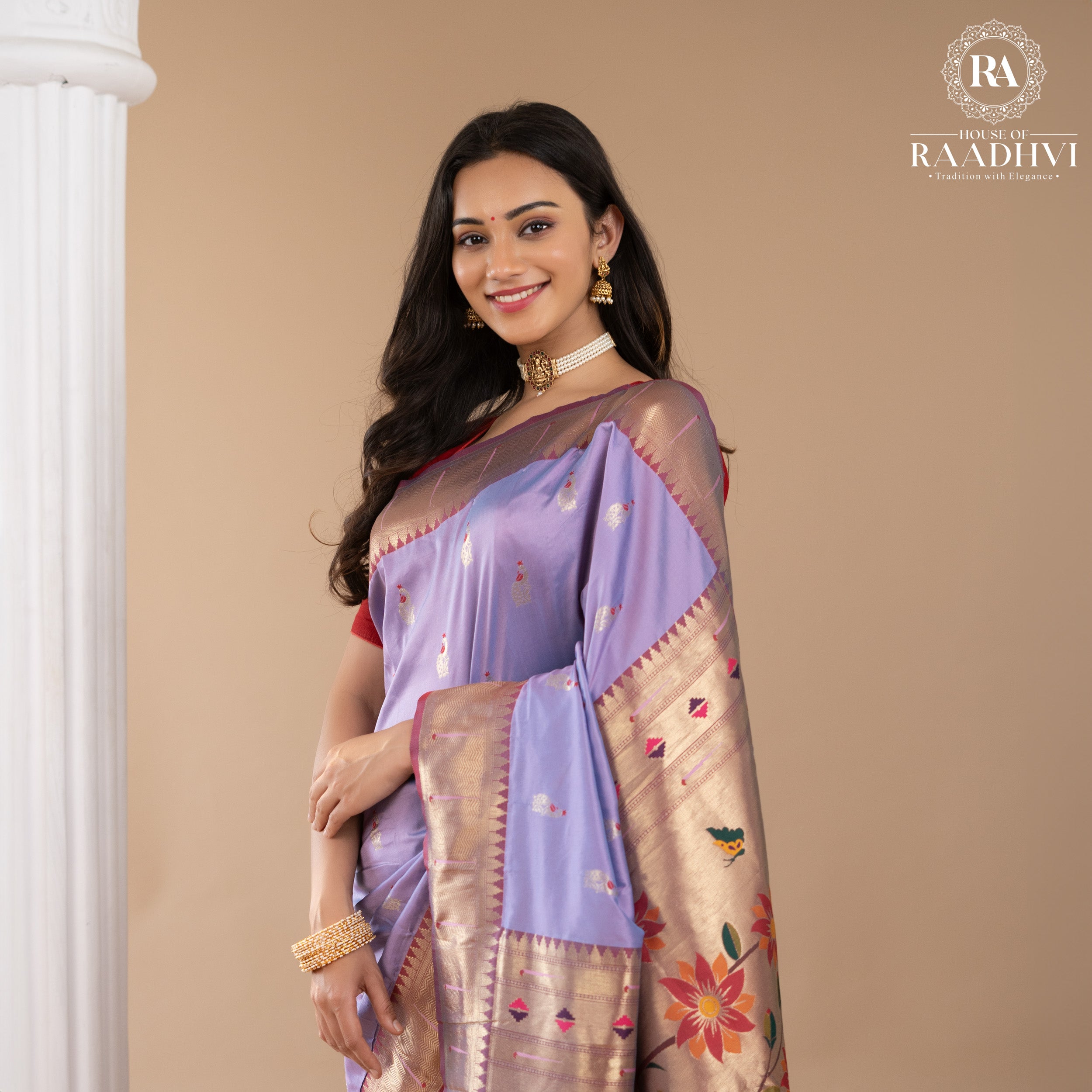 Lilac peacock butta paithani soft silk saree