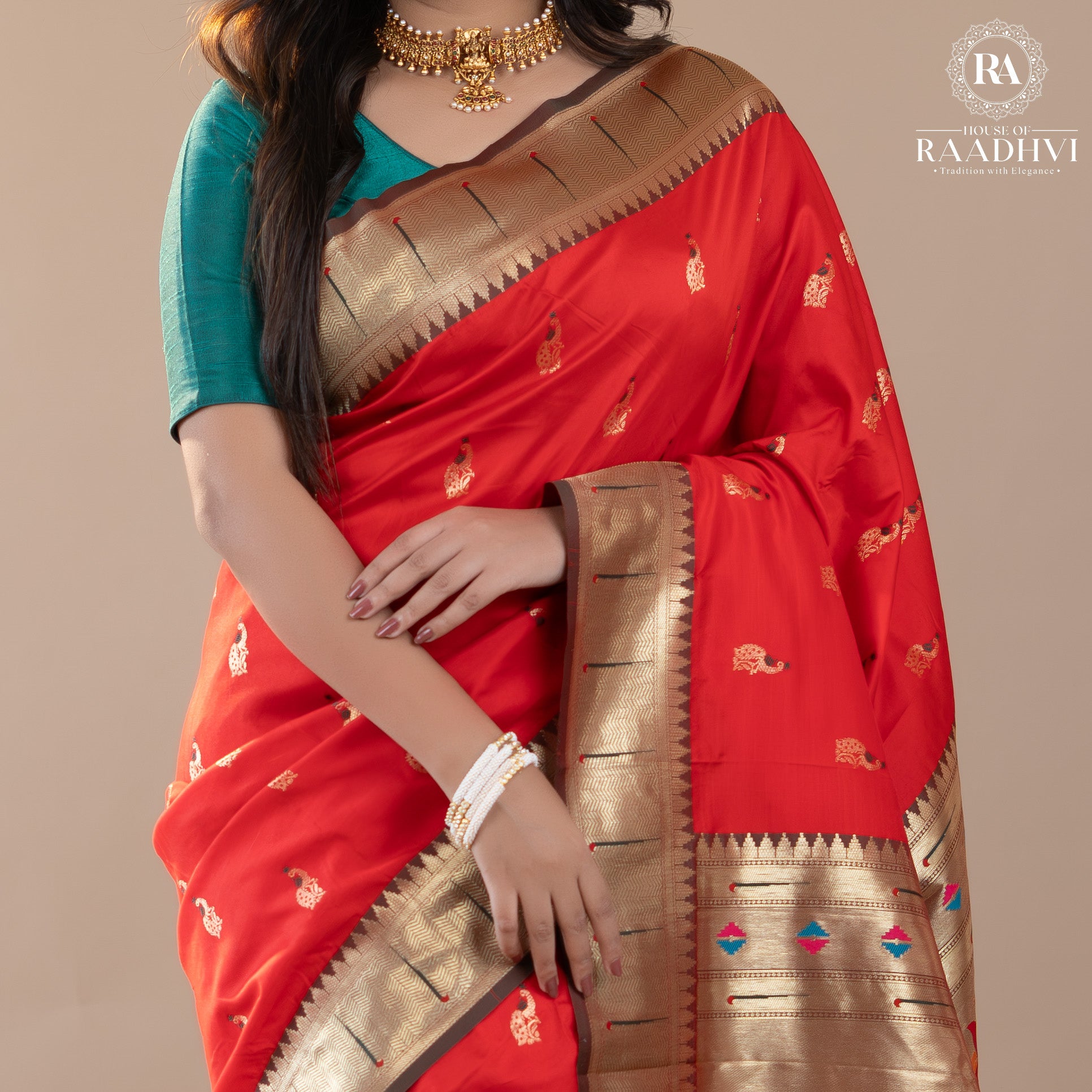 Red peacock butta paithani soft silk saree