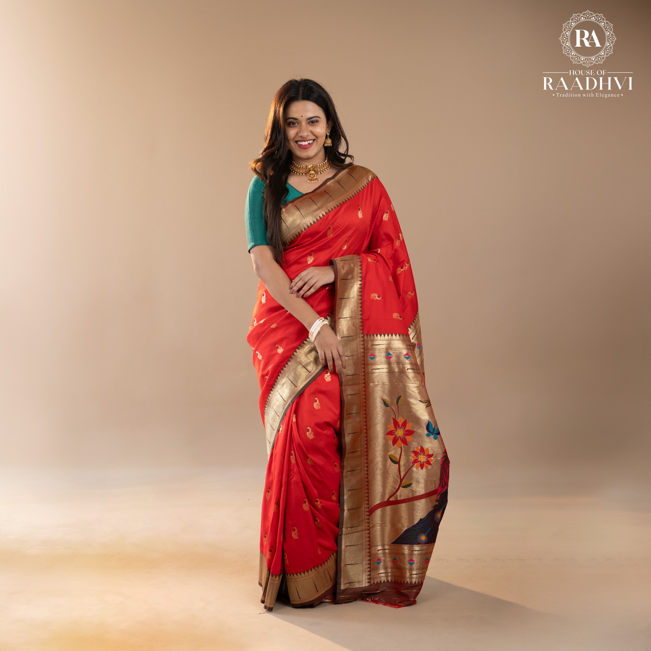 Red peacock butta paithani soft silk saree