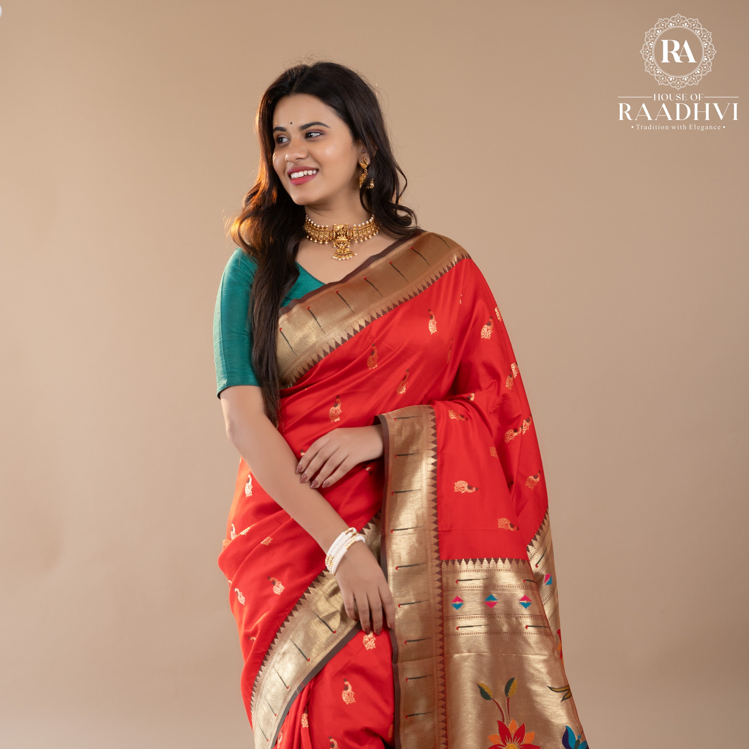 Red peacock butta paithani soft silk saree