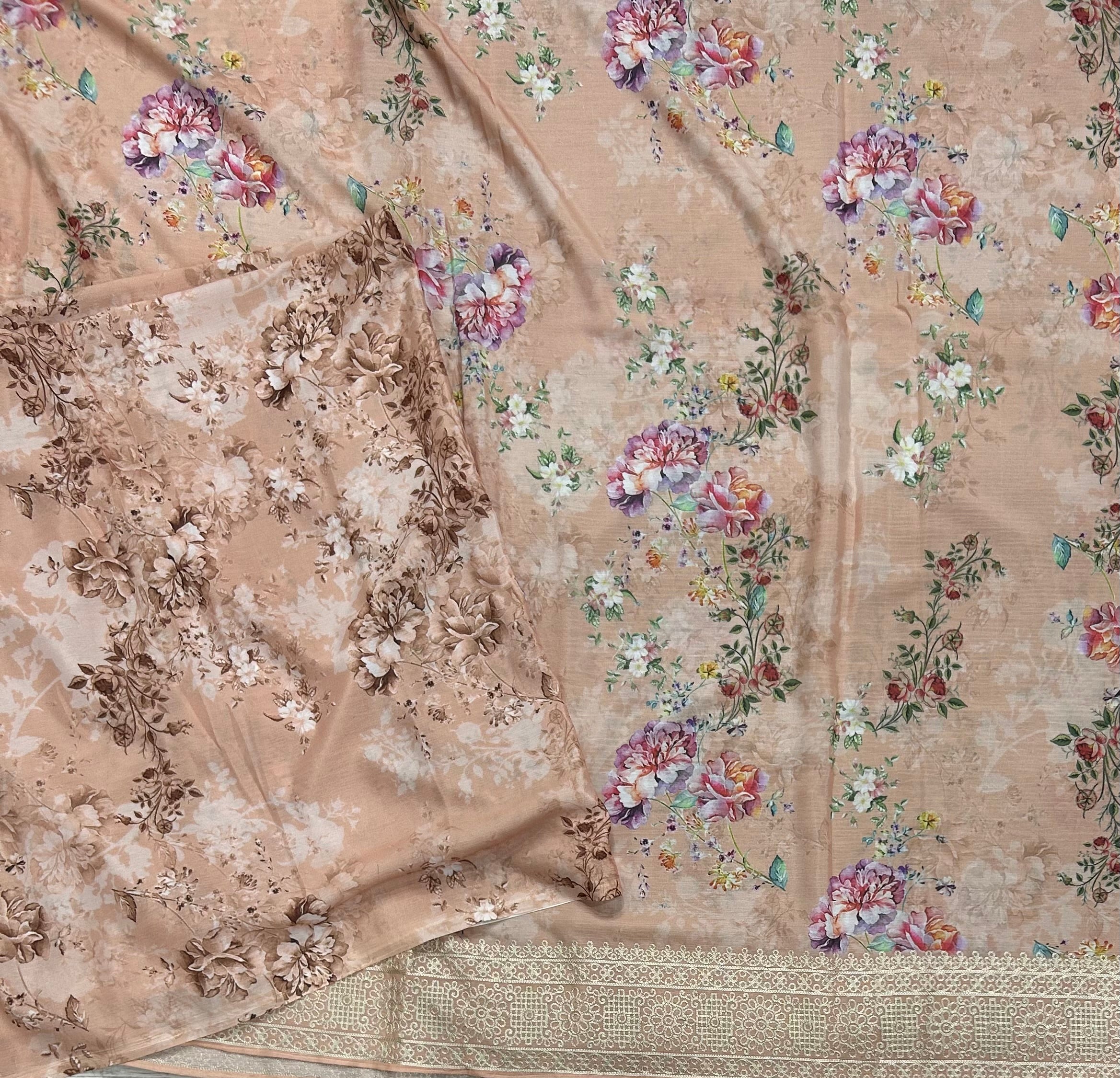 Peach digital printed border 104 chinnon saree