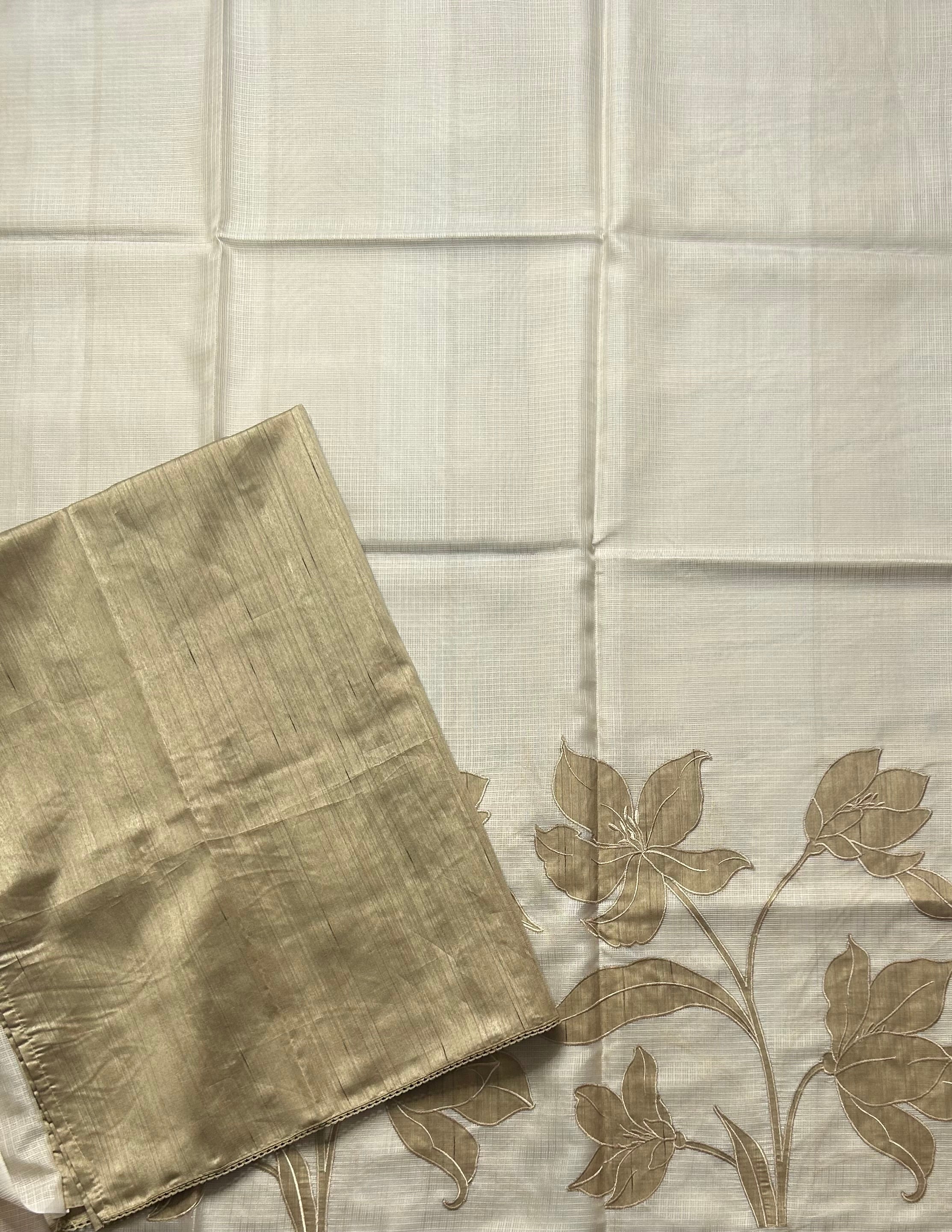 Cream n beige kota checks Appliqué work saree