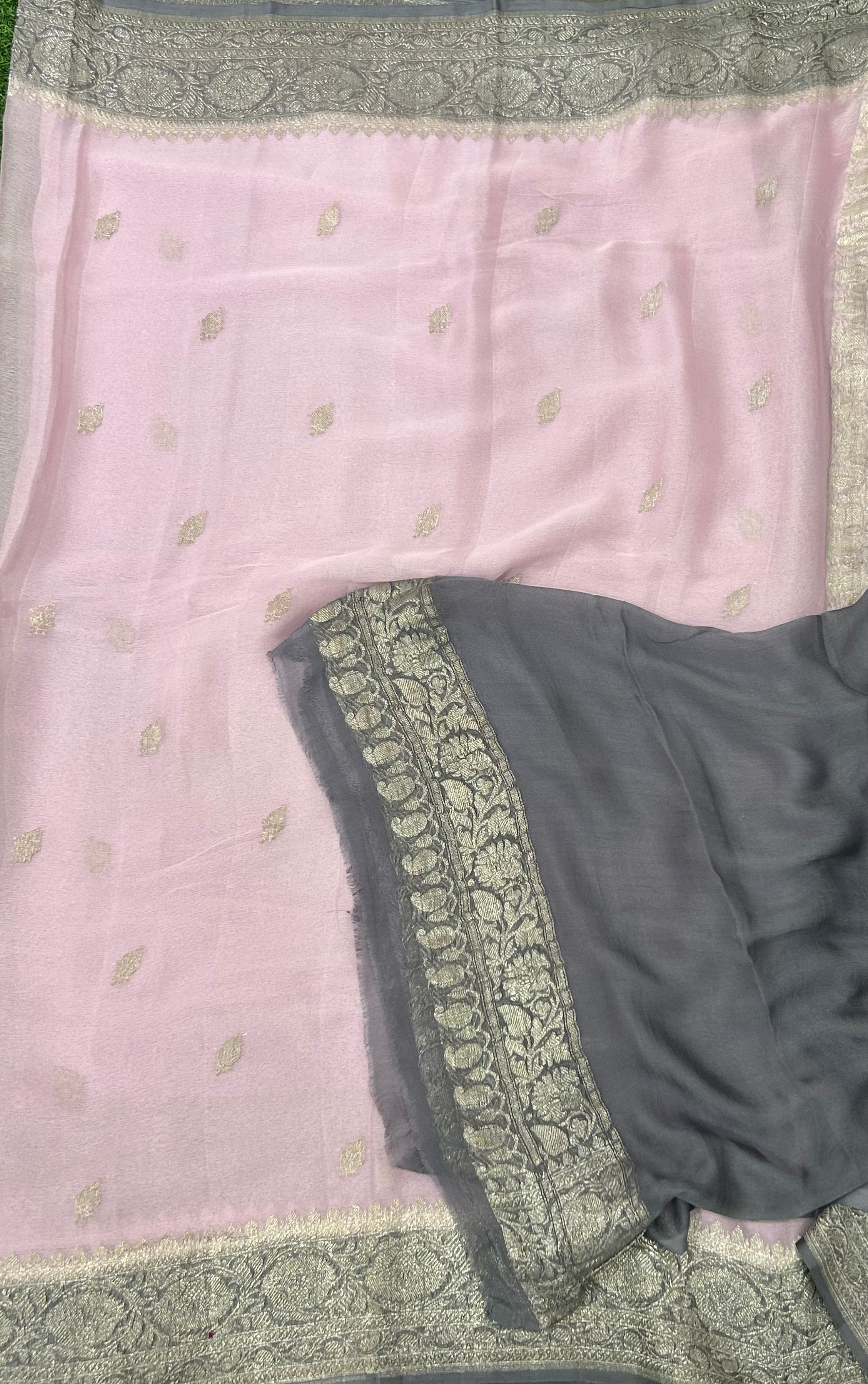 Baby pink n grey benaras pure khadi chiffon