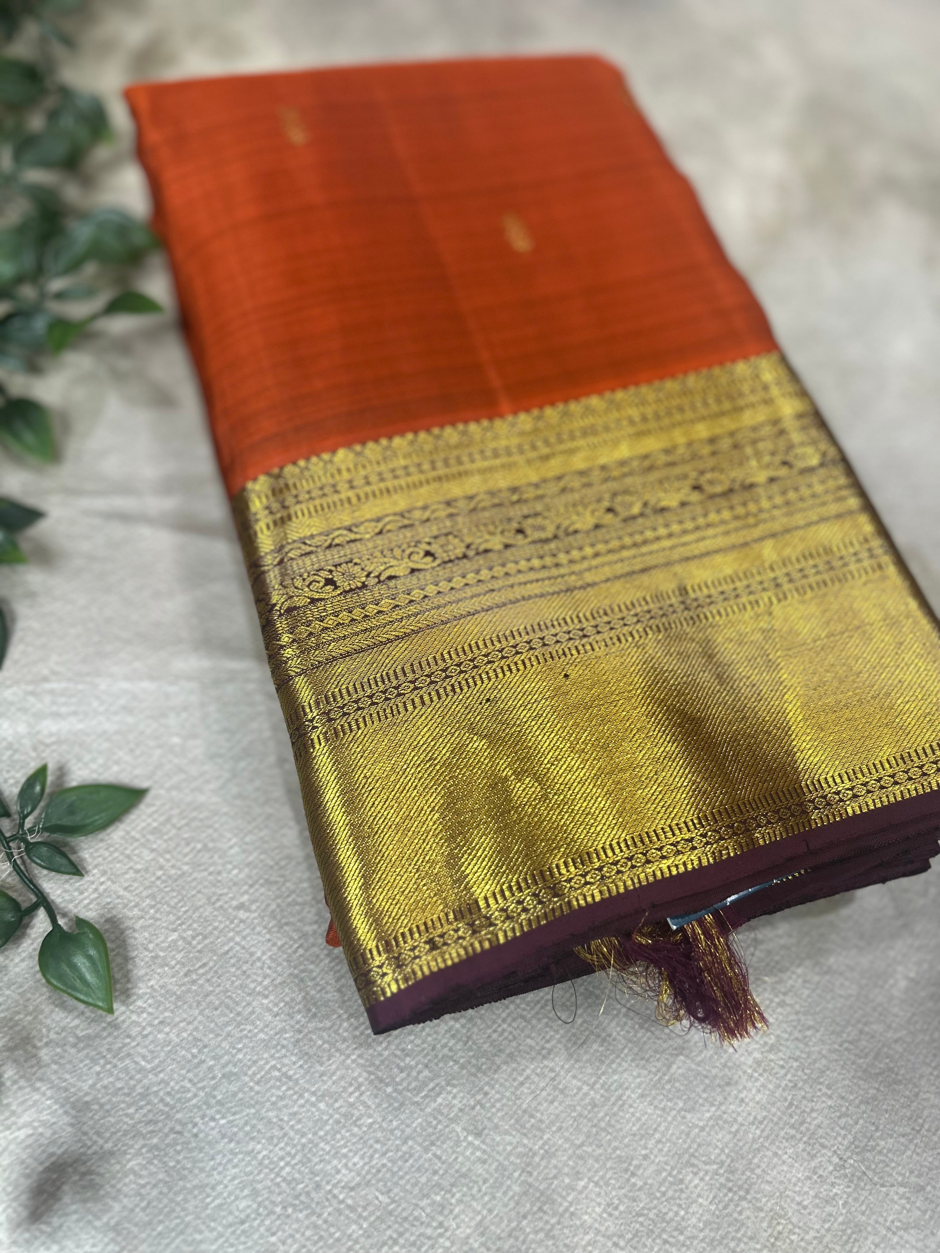 Rust orange n brown pure Kanchipuram silk saree