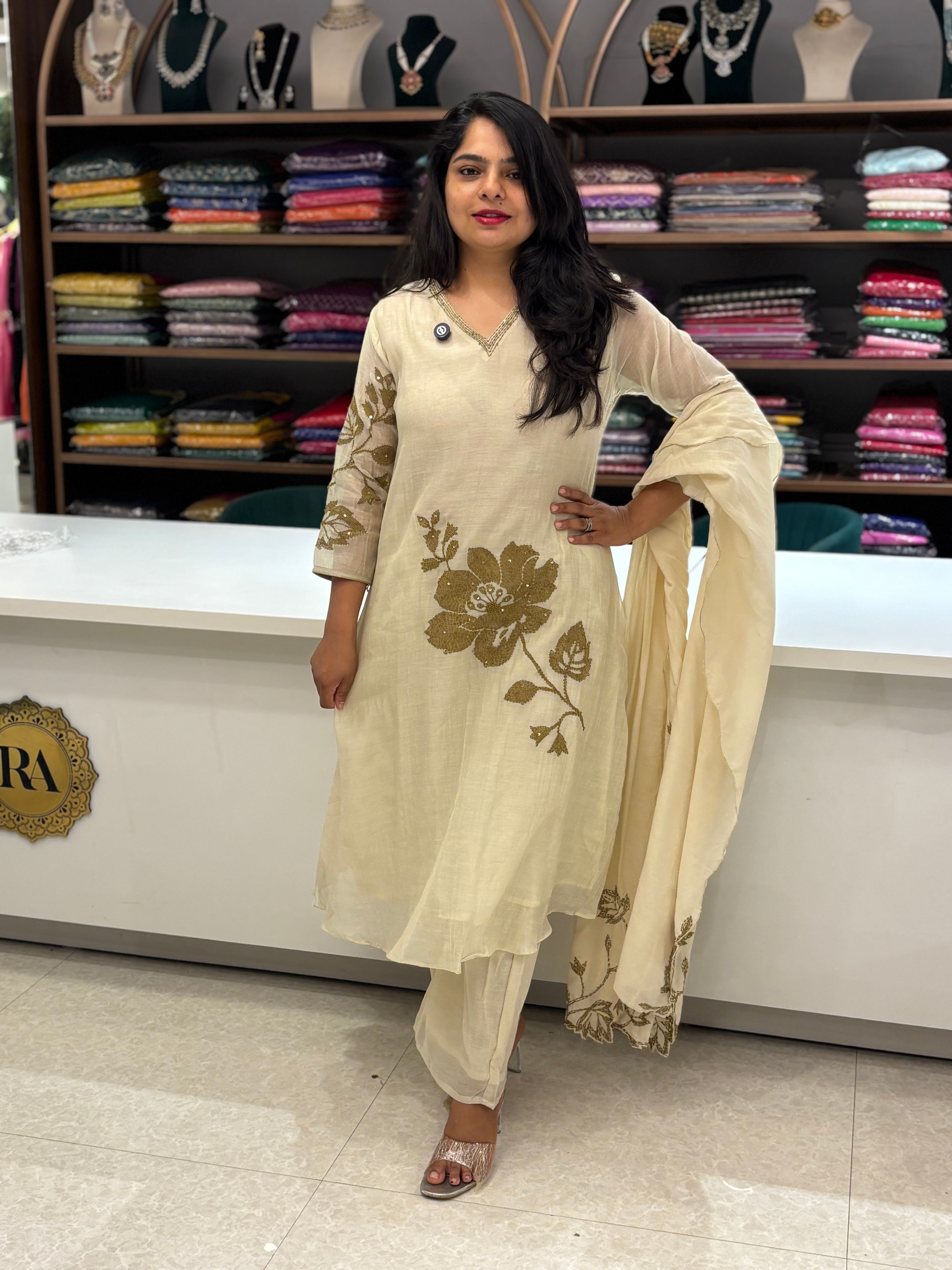 Cream Mul Chanderi Hand Embroidery A Line Kurtha 616