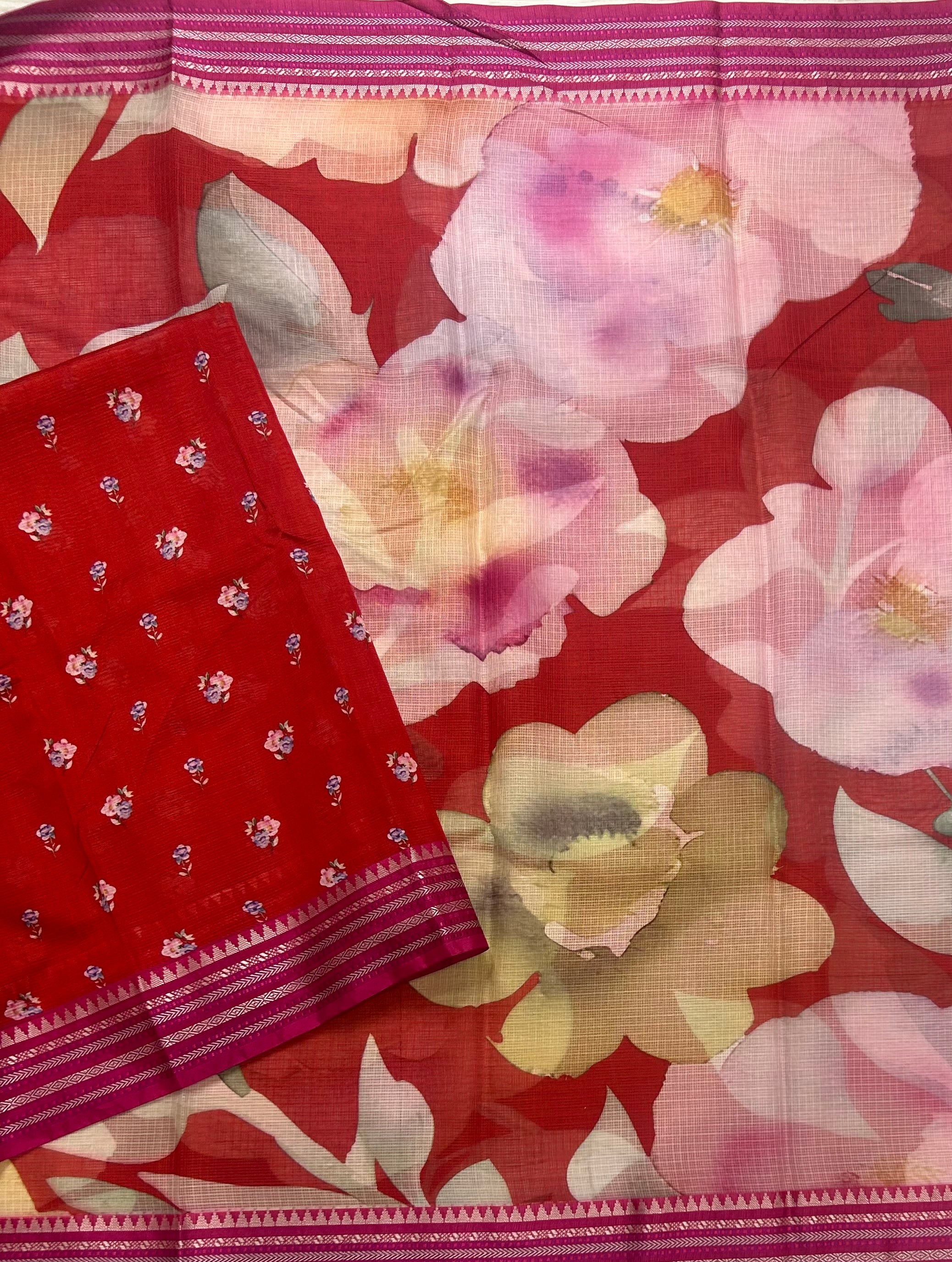 Red digital print Kota checks 105 saree