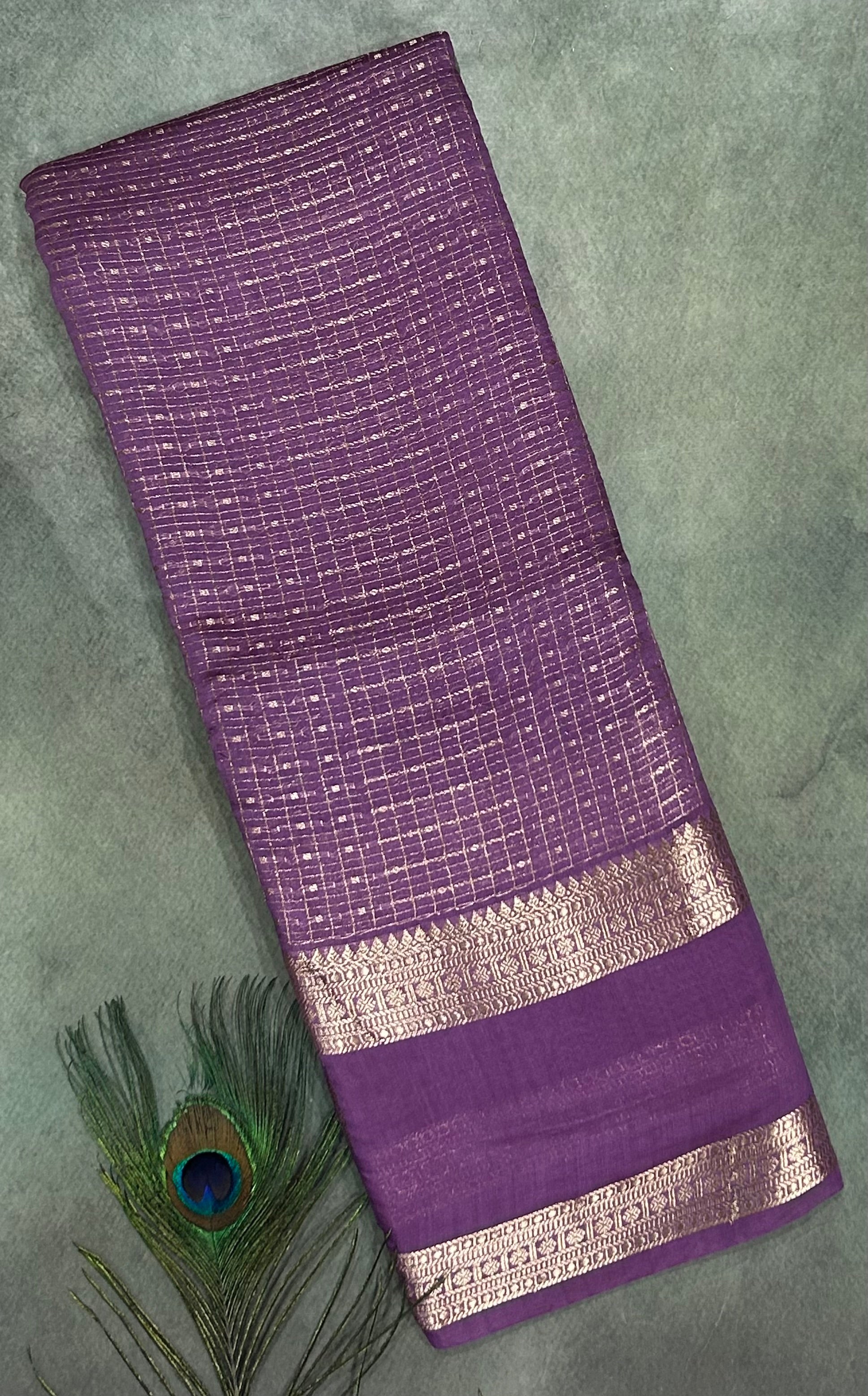 Lavender small checks soft Tussar 03 crepe saree
