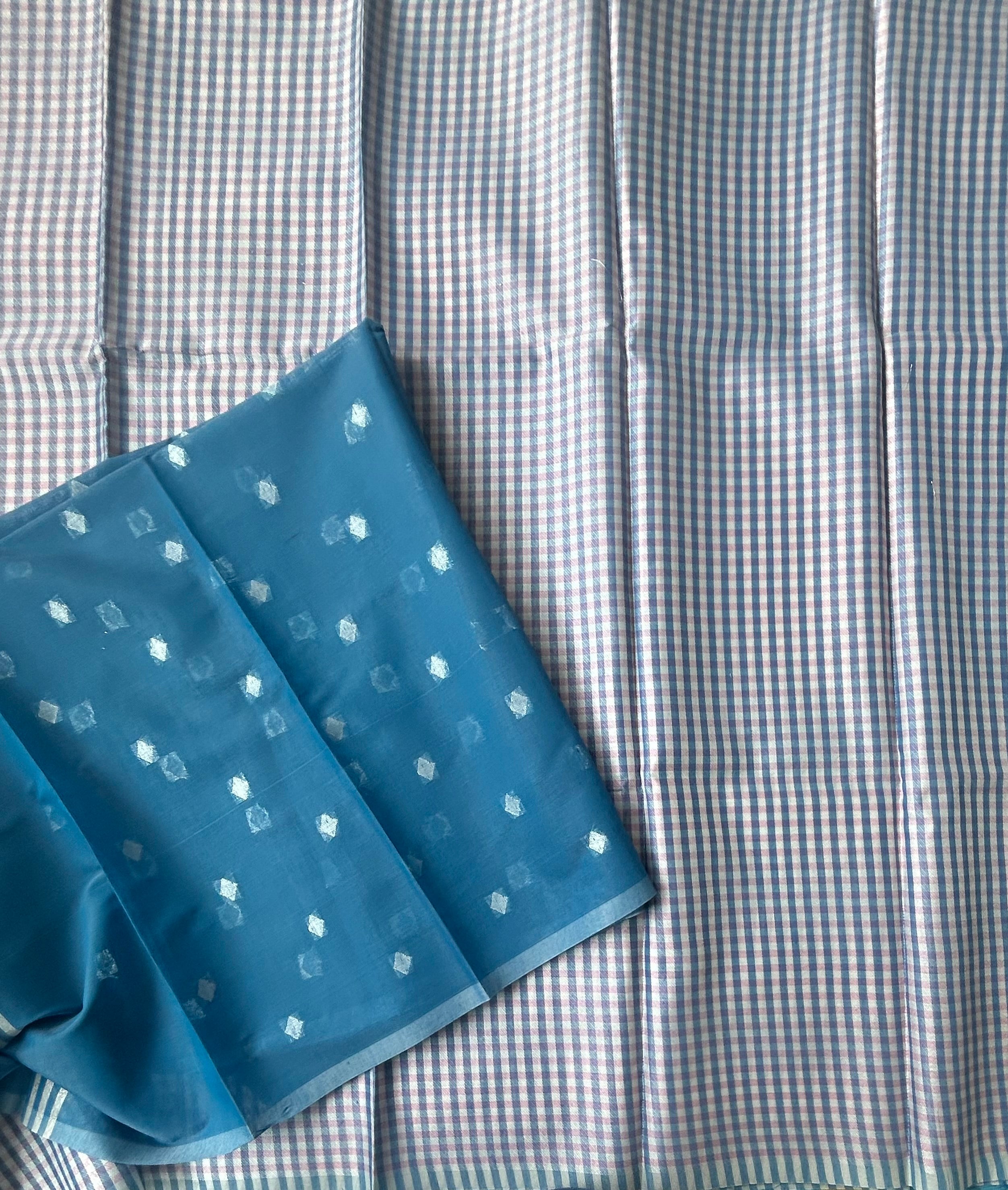 Blue checks semi tissue saree