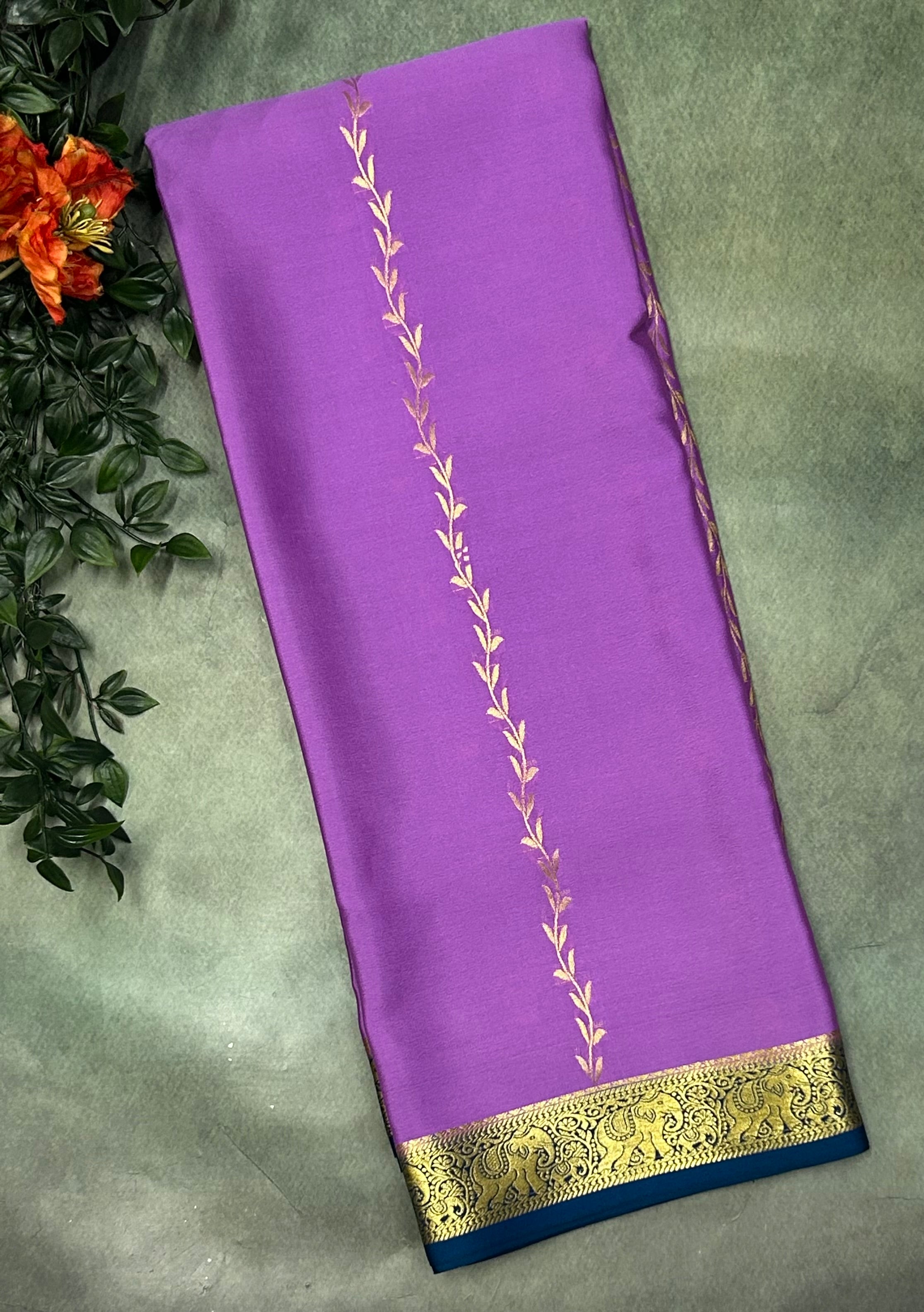 Lilac n dark Rama green  partly pallu Pure Mysore silk crepe 103 Saree