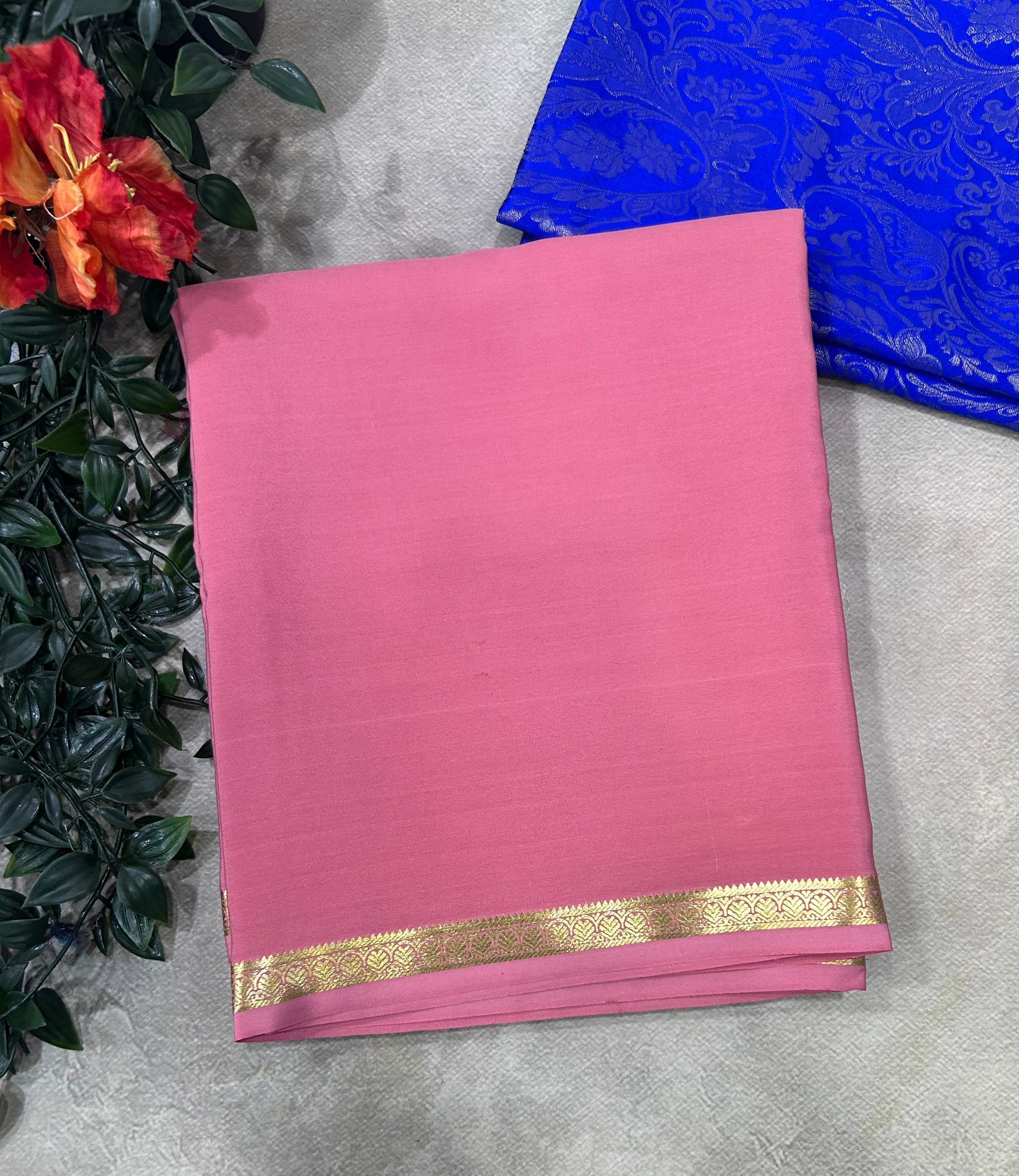Pastel pink plain pure mysore crepe silk saree with Mysore brocade blouse piece(MSM106)