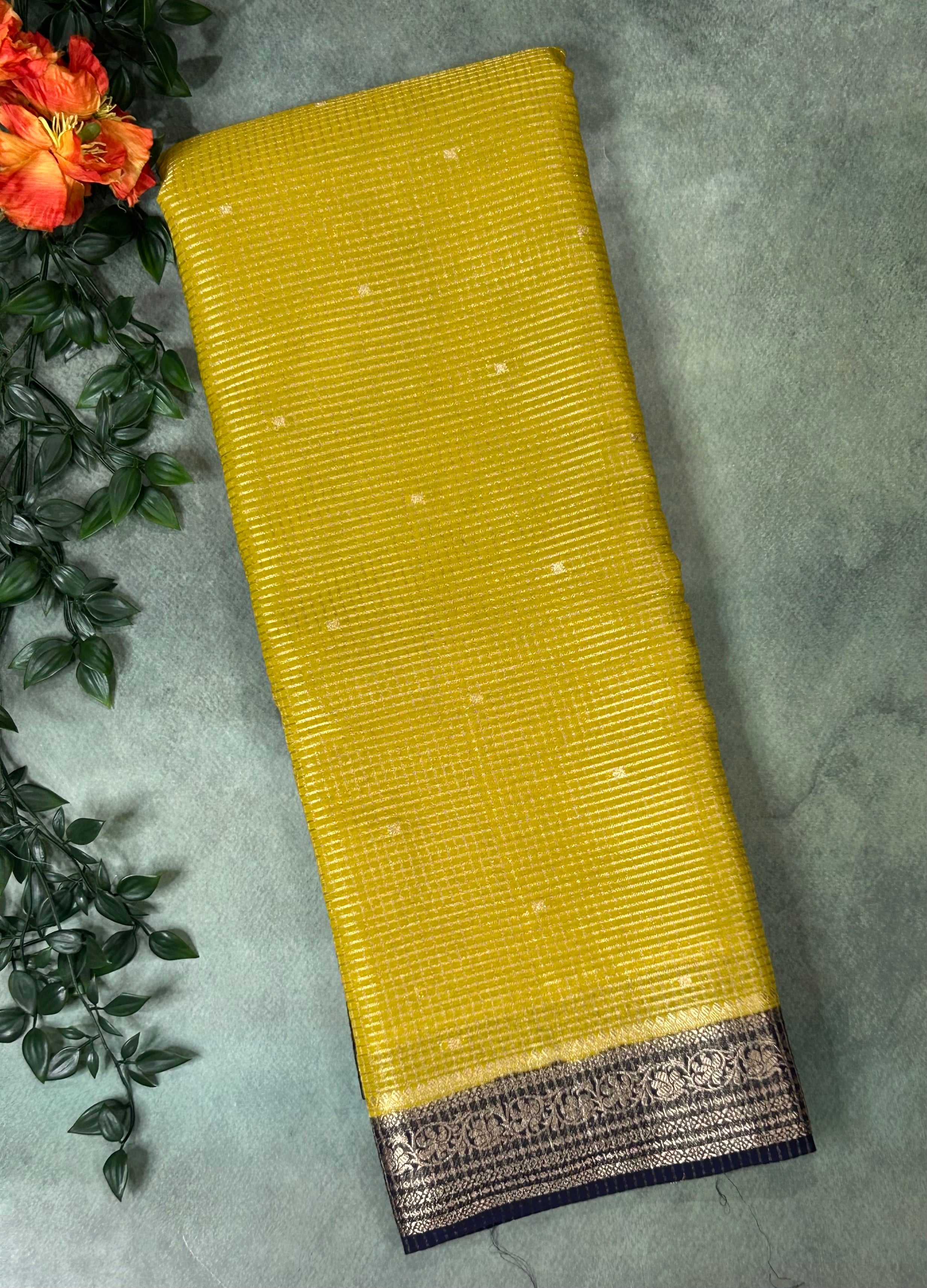 Neon yellow small checks semi mysore crepe-12 saree