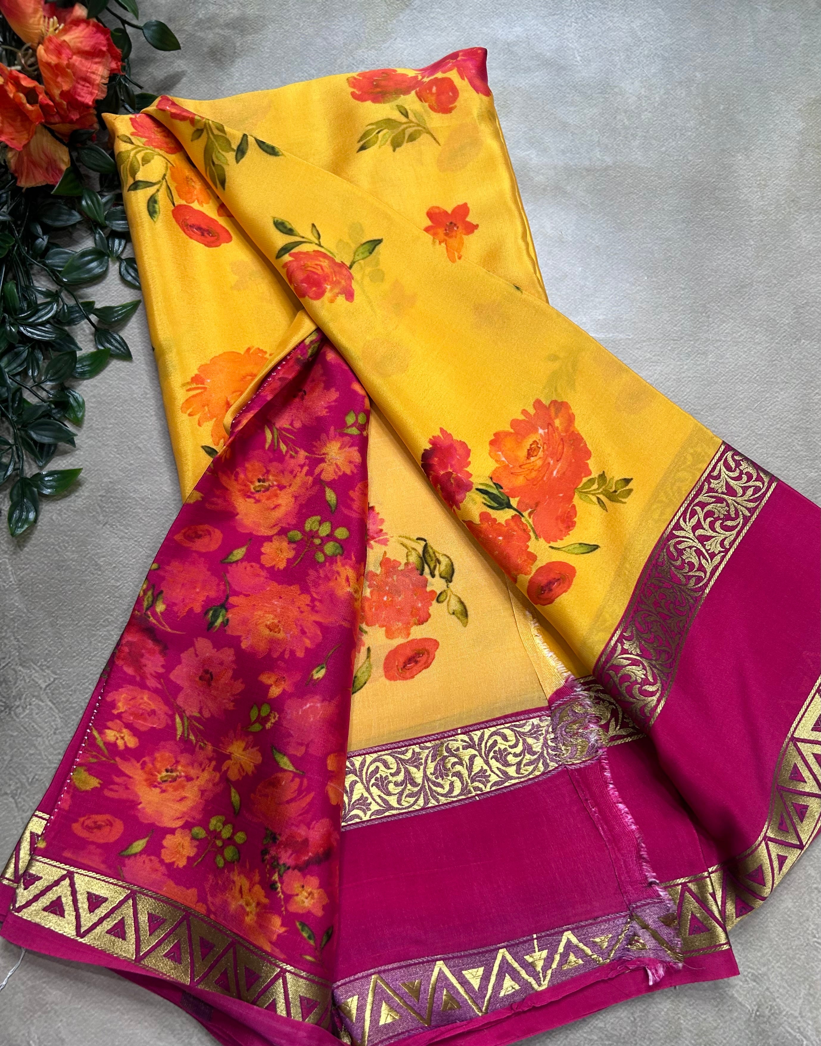 Yellow digital print pure mysore silk saree(DMS106)