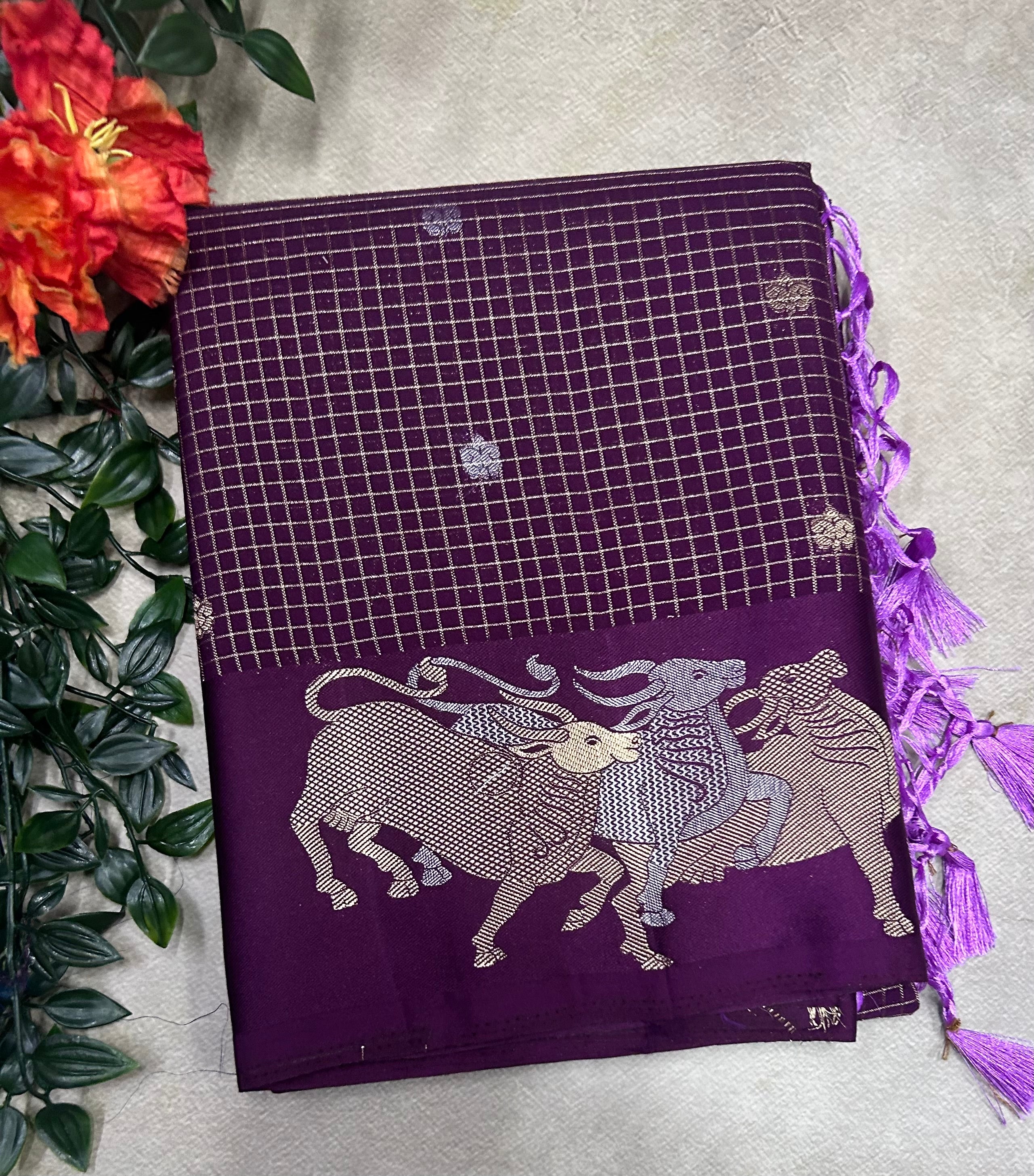 Wine small checks semi Mysore crepe saree(SMC106)