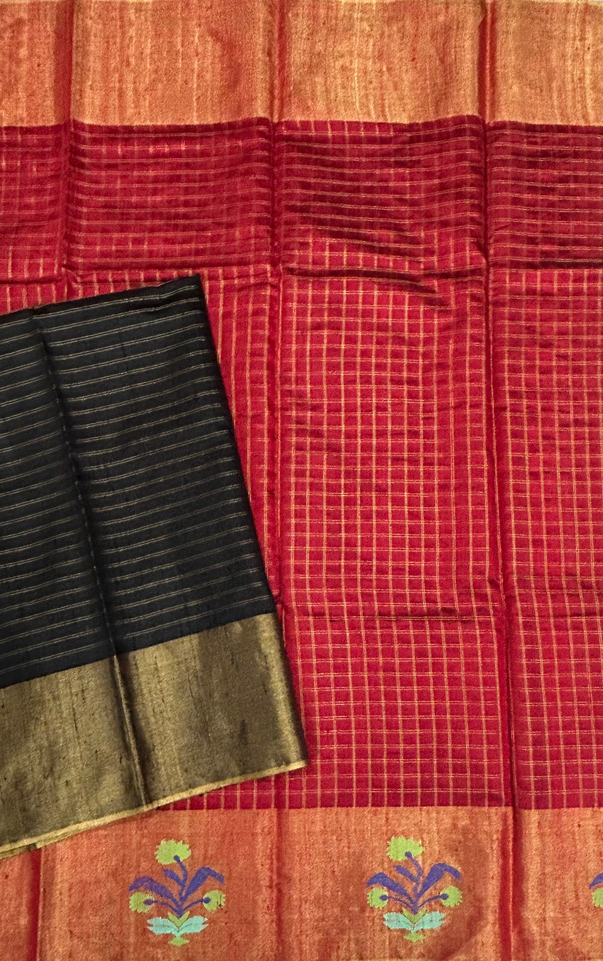 Red checks border Butta pure matka silk saree