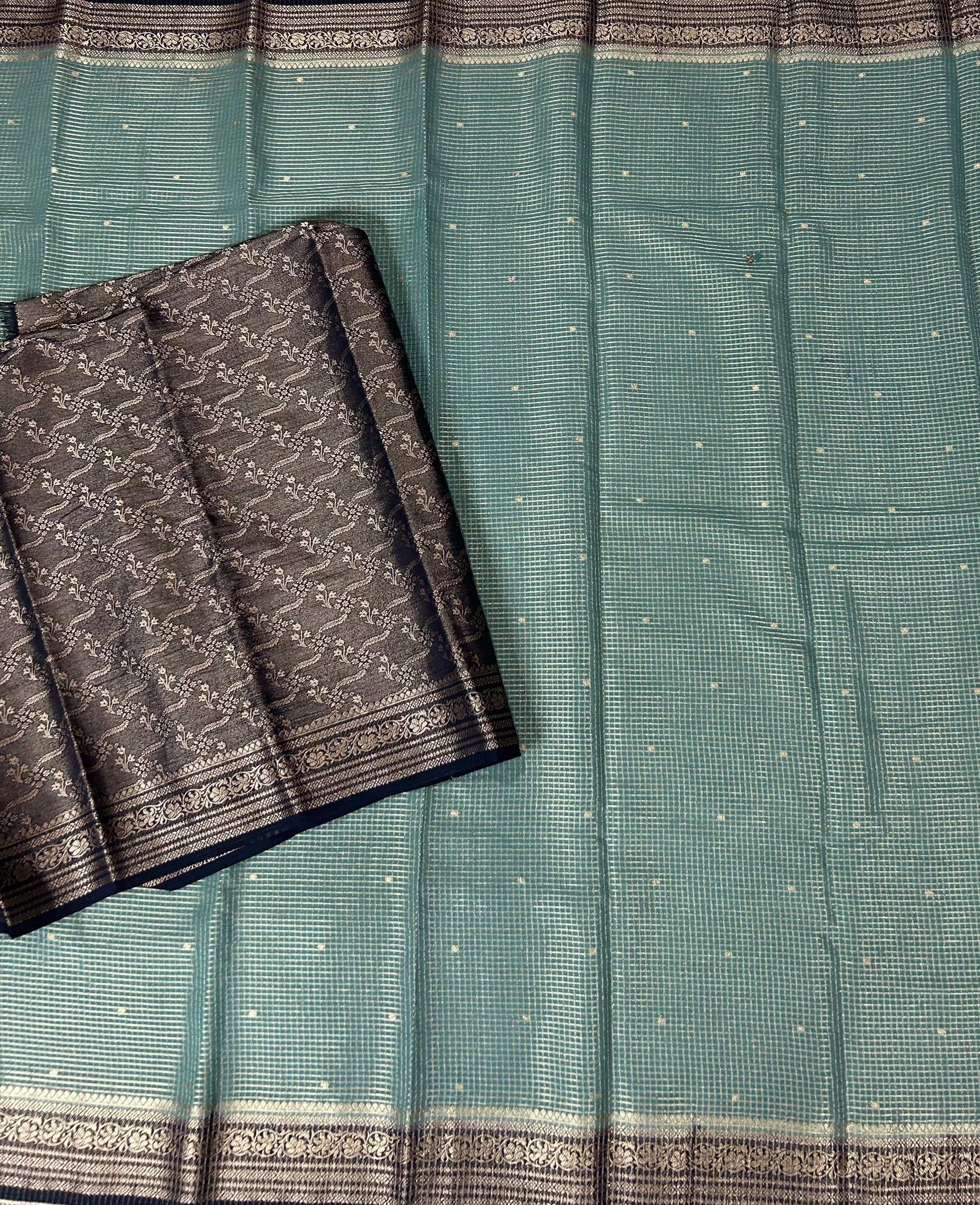 Sea green small checks semi mysore crepe-12 saree