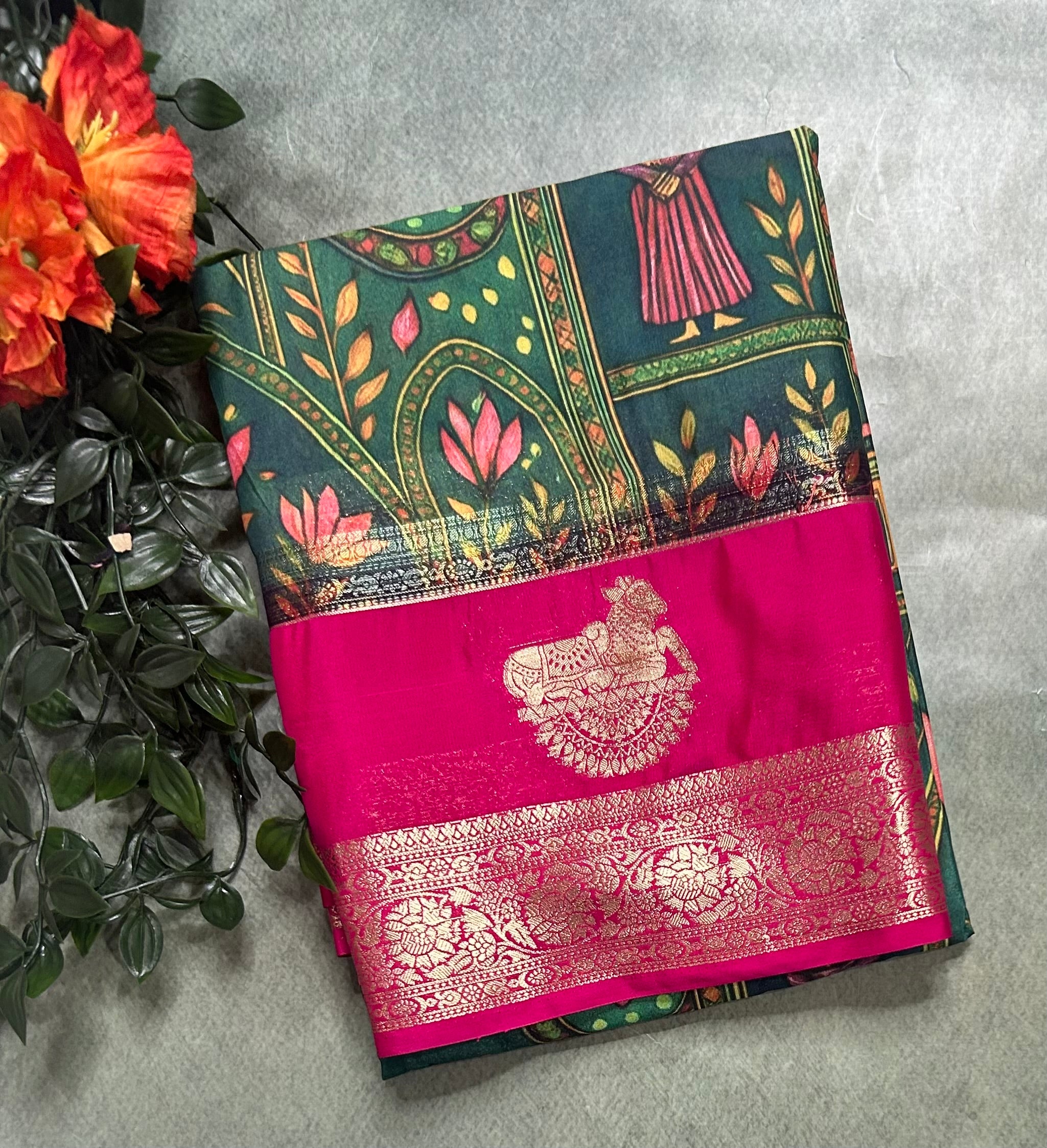 Multicolour bentex border printed semi Mysore 105 saree