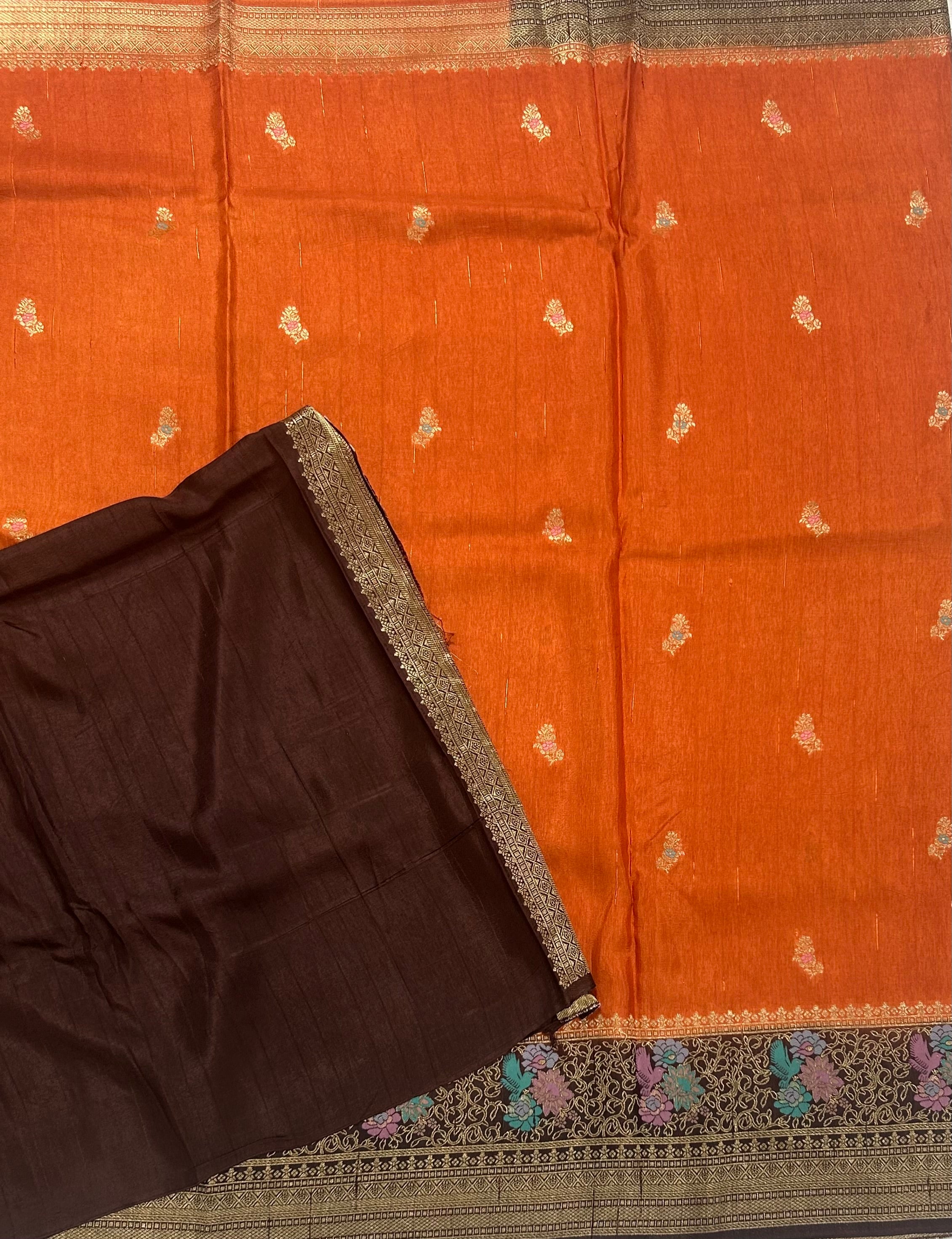 Rust orange n brown 104 Meena work border saree