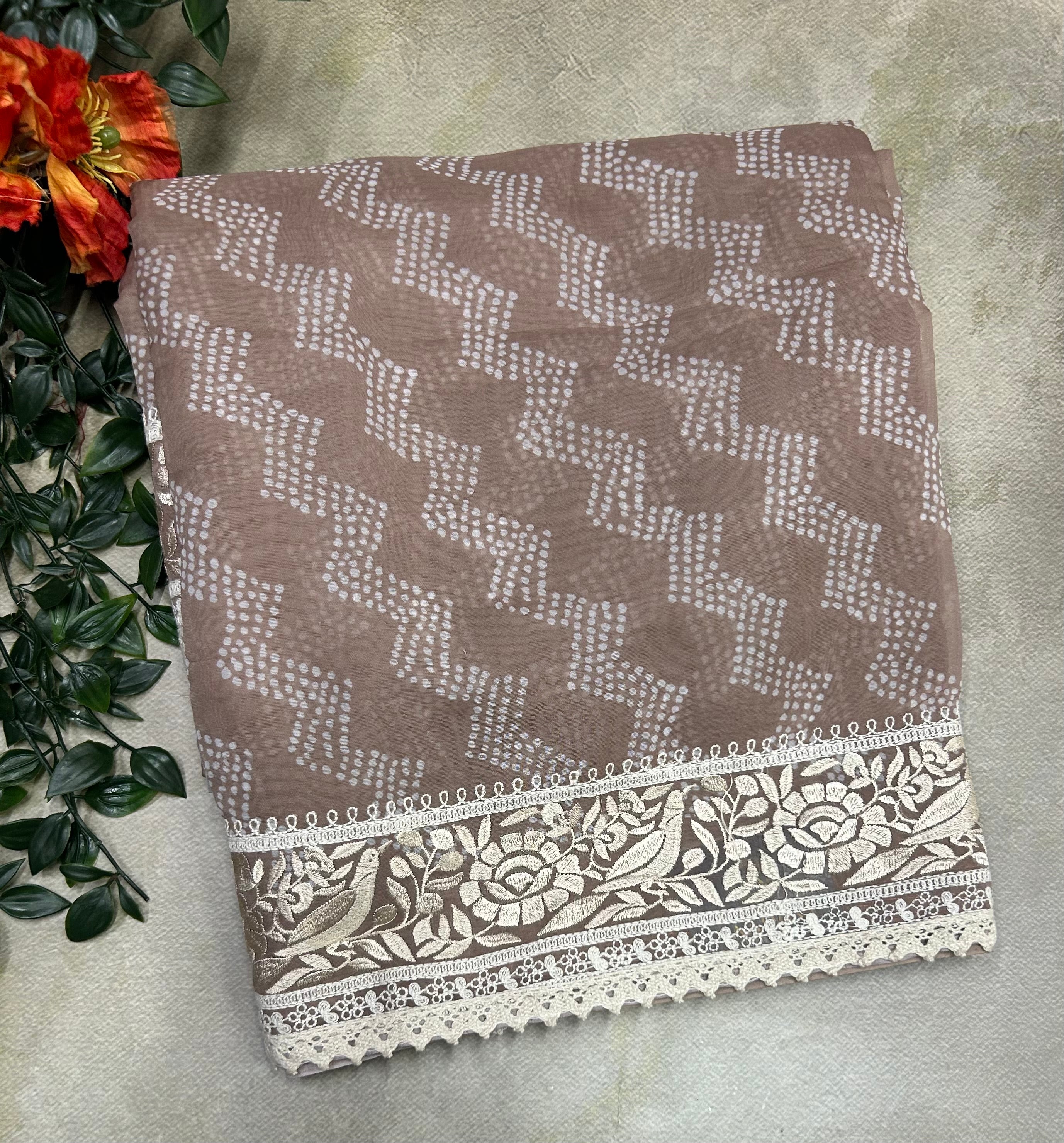 Light brown embroidery work semi organza saree