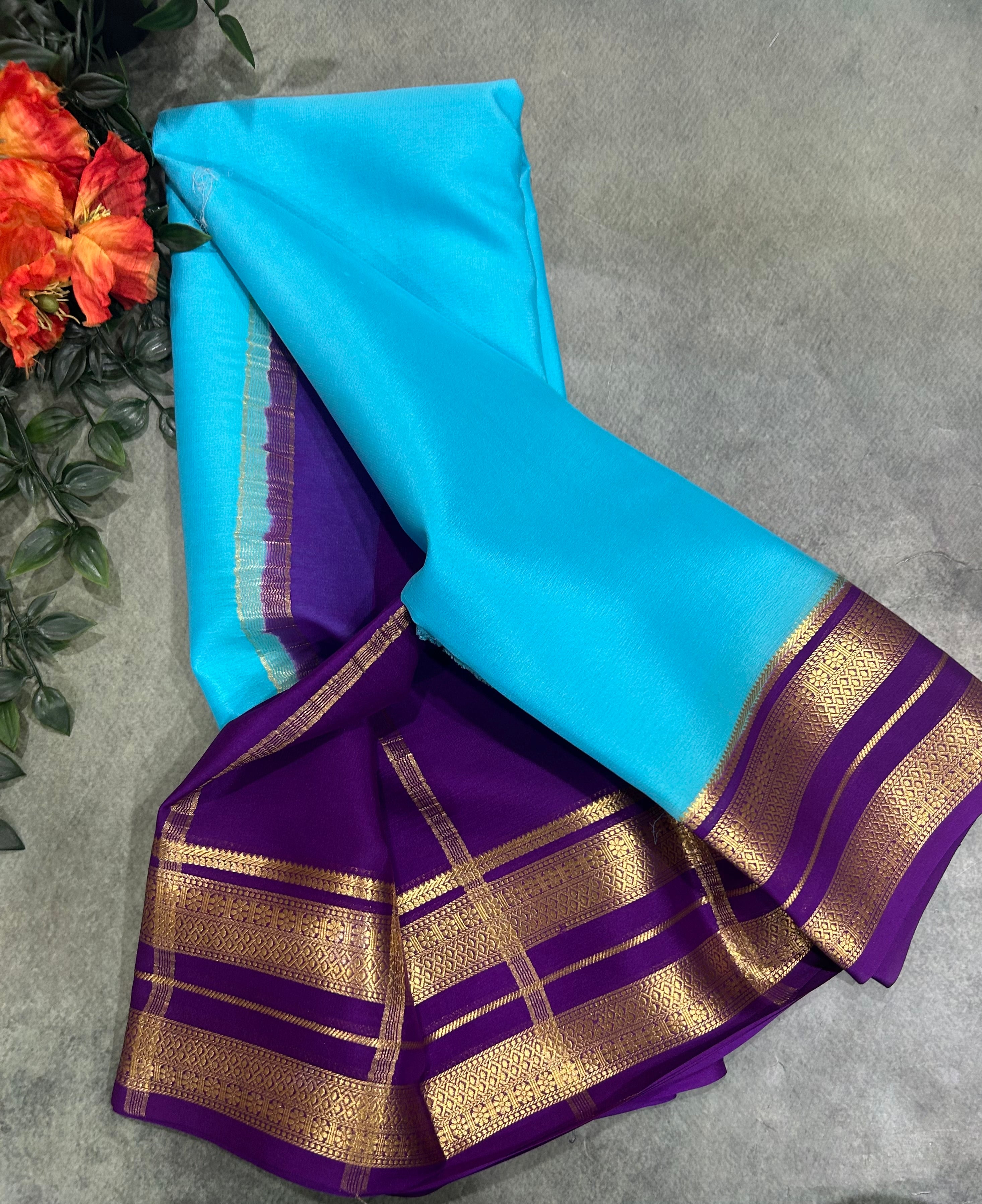Sky blue pure Mysore crepe silk saree