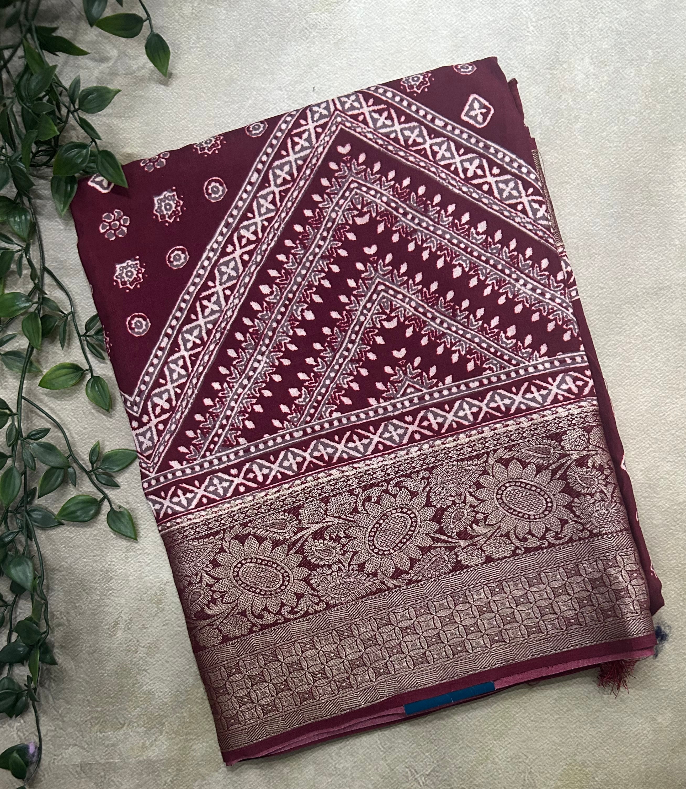 Dark maroon digital print soft Tussar saree