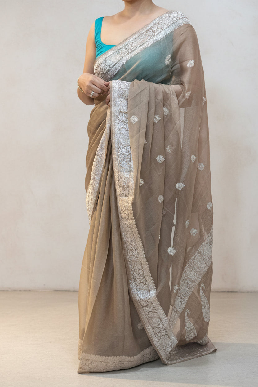 Pastel brown small butta tissue chiffon 104 saree