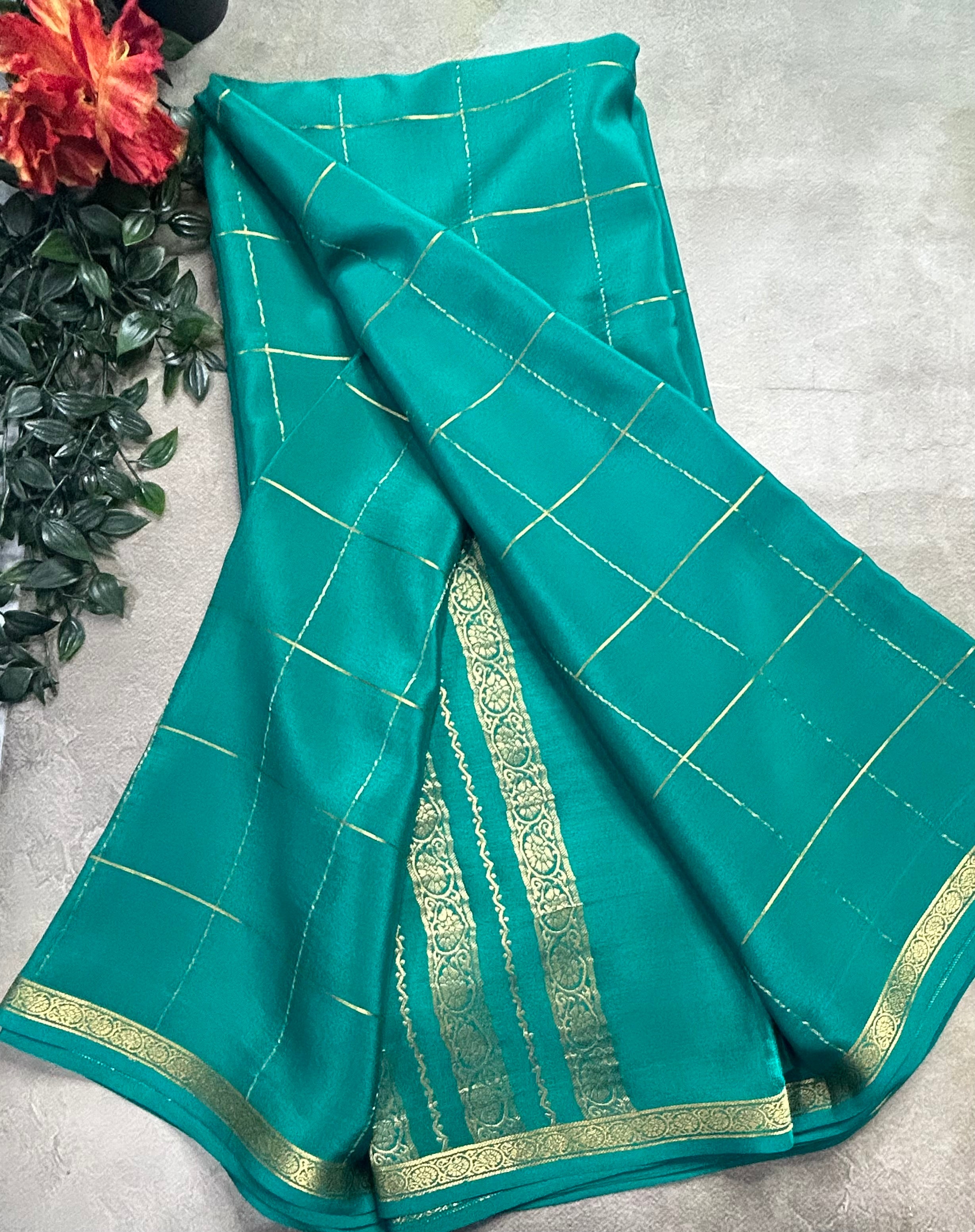 Rama green big checks pure Mysore silk 106 saree
