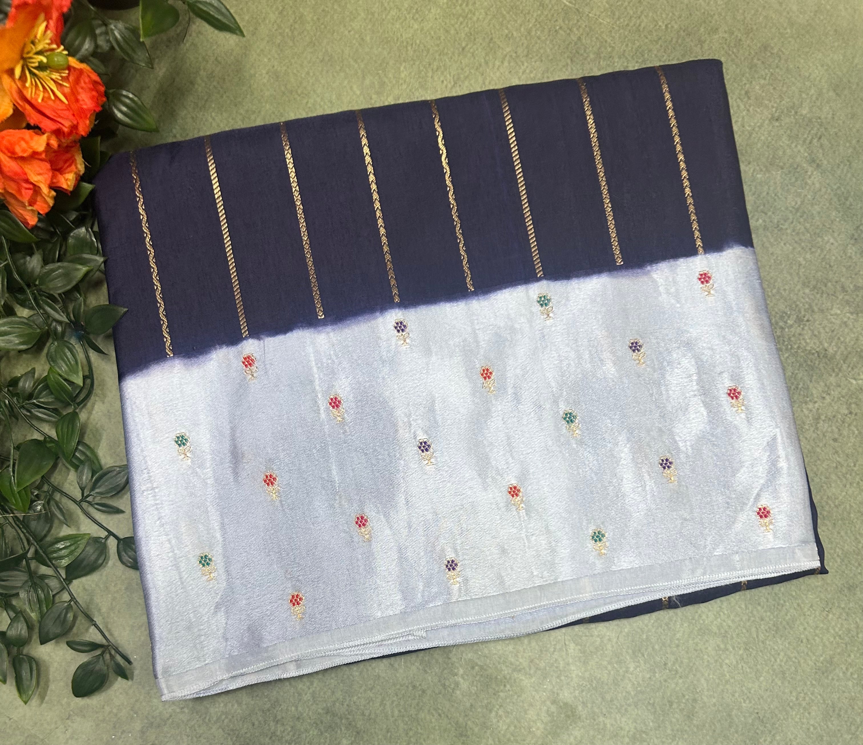 Navy blue contrast satin border semi Mysore crepe 105 saree