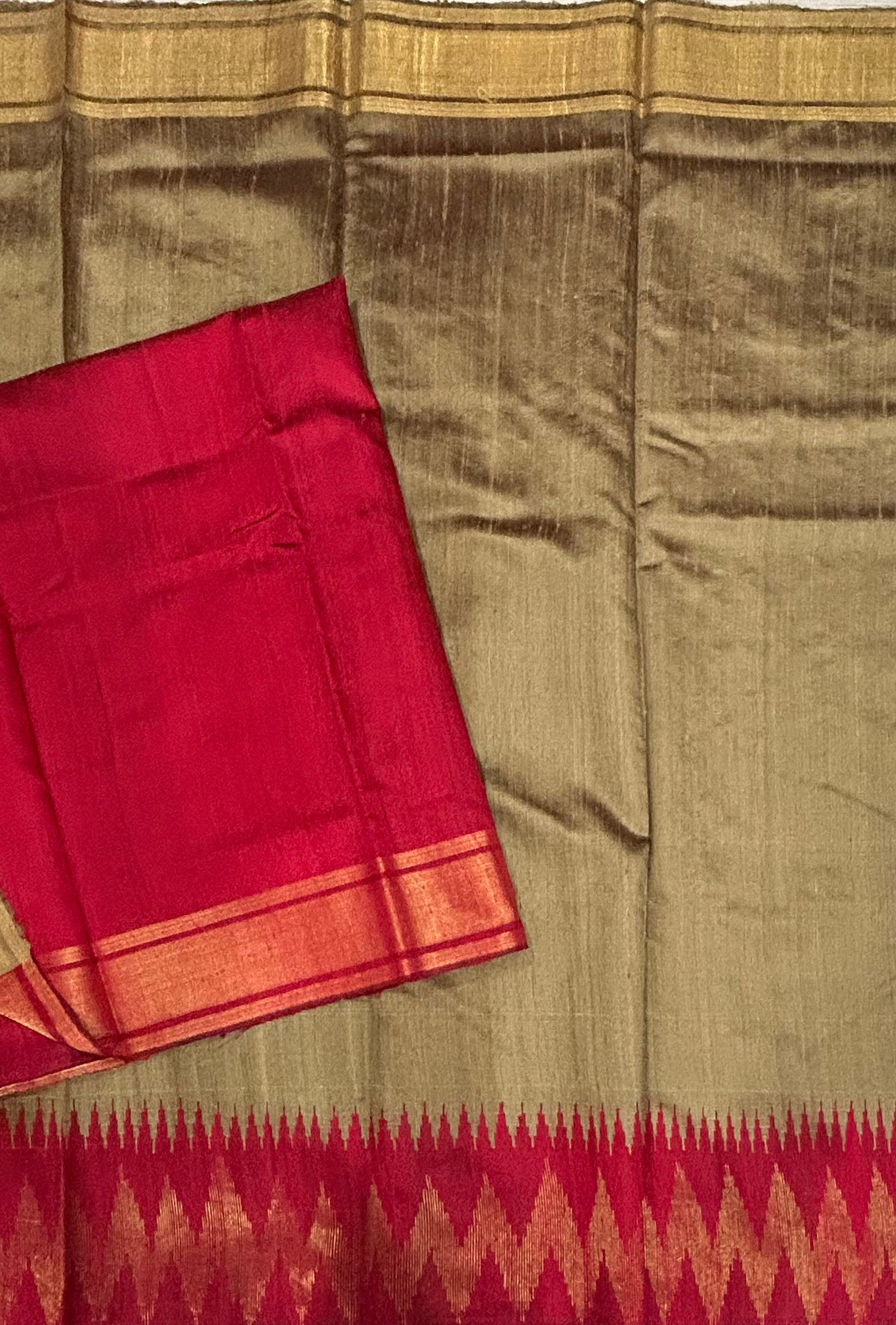 Dark beige temple border pure matka silk saree