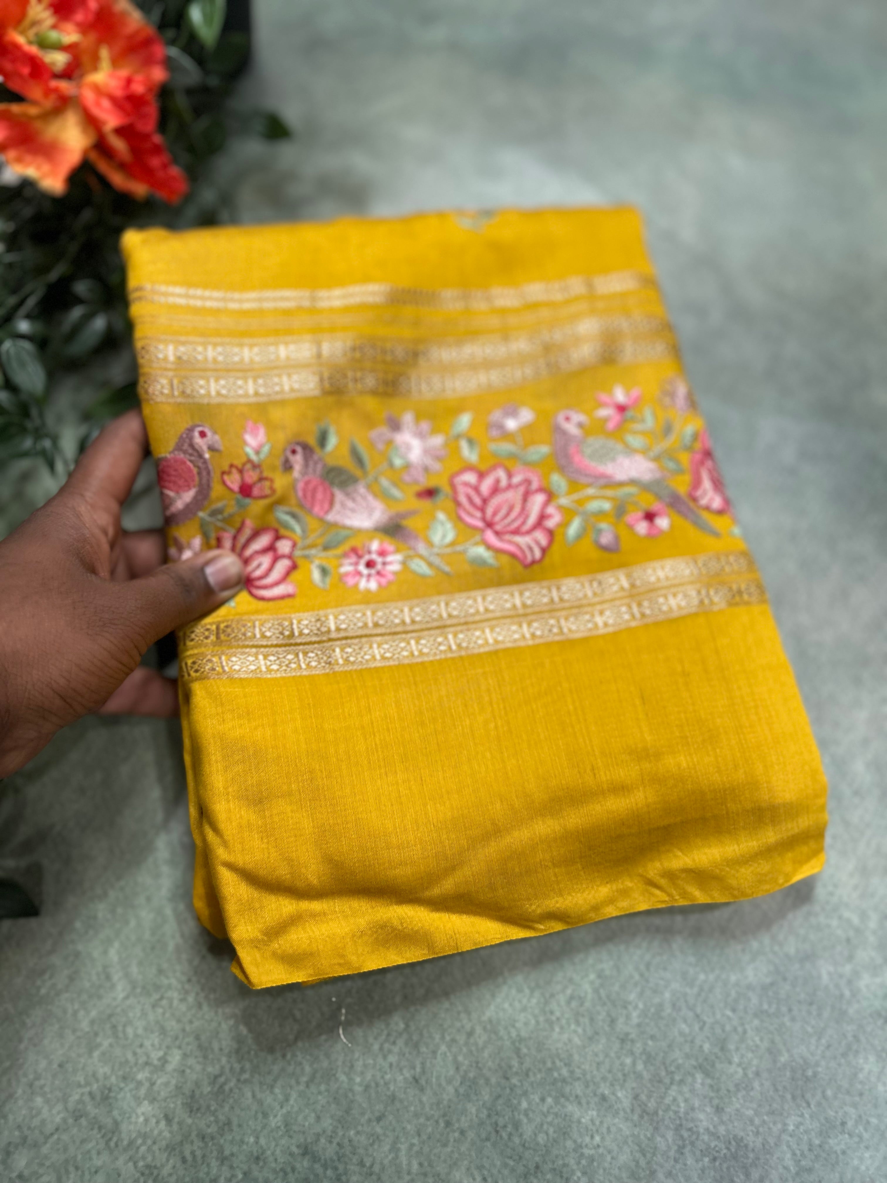 Yellow embrodiery soft tussar crepe 104 saree