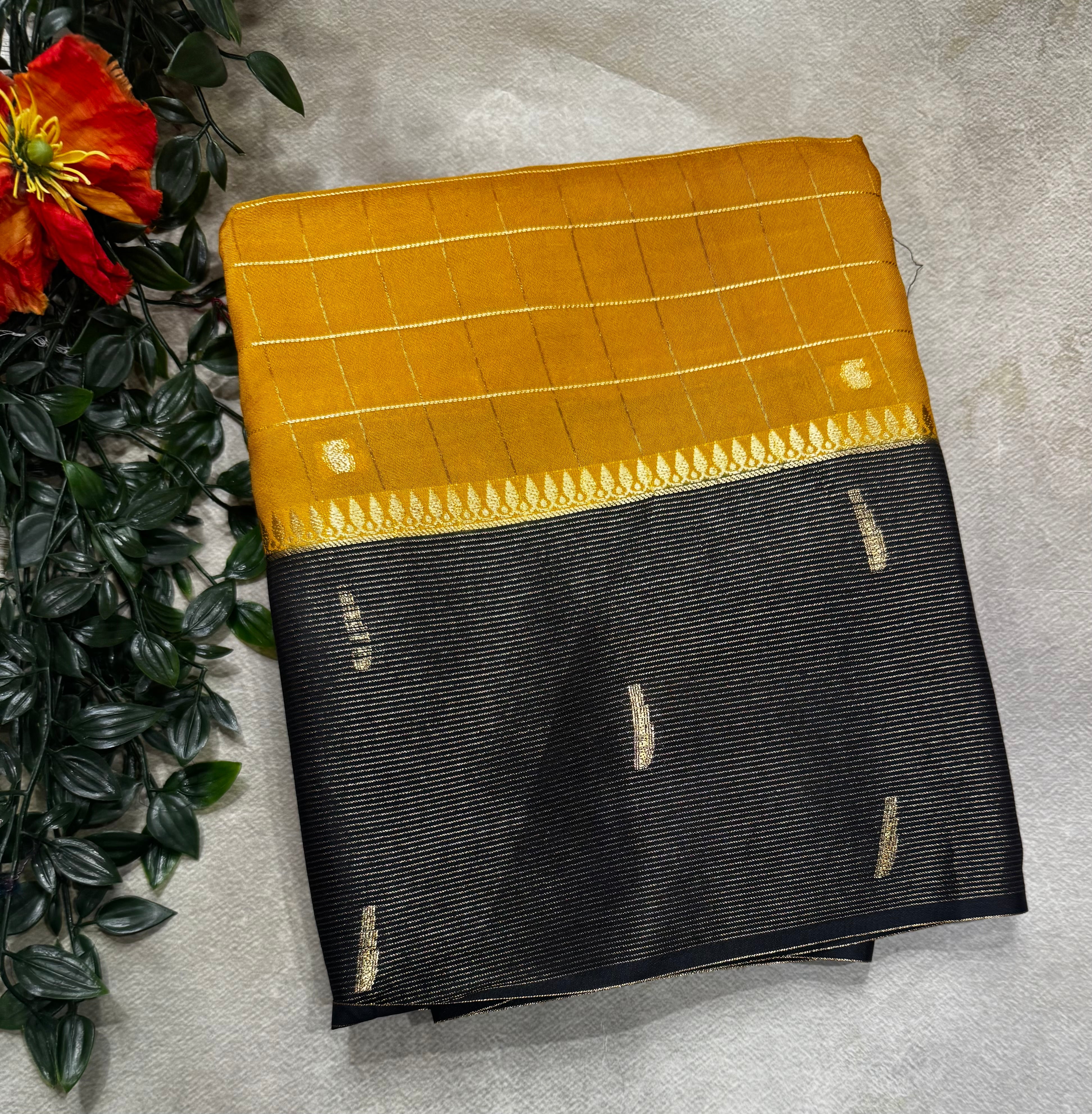Mustard yellow checks semi Mysore crepe 106 saree