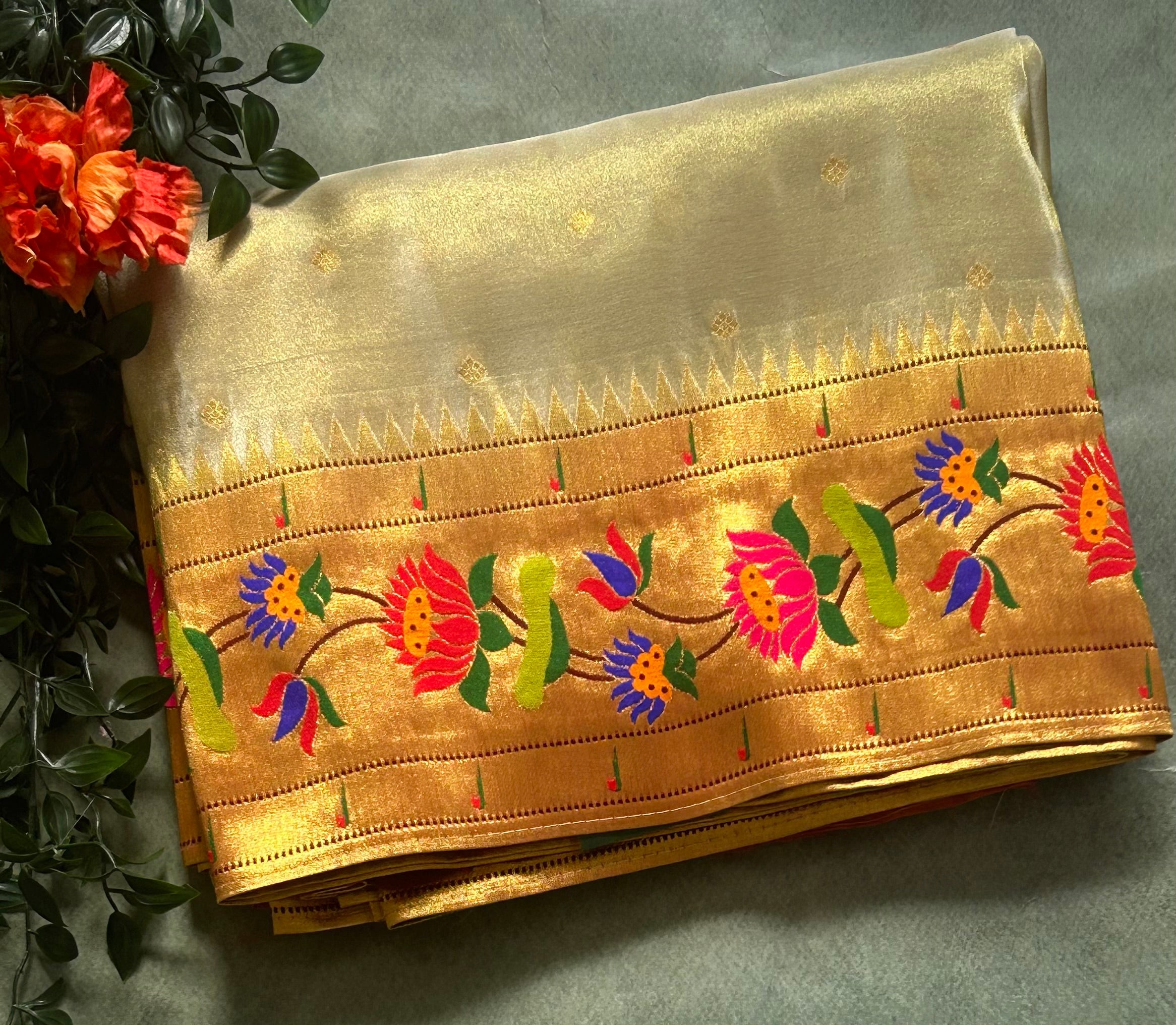 Cream small Butta tissue Paithani border 104 saree