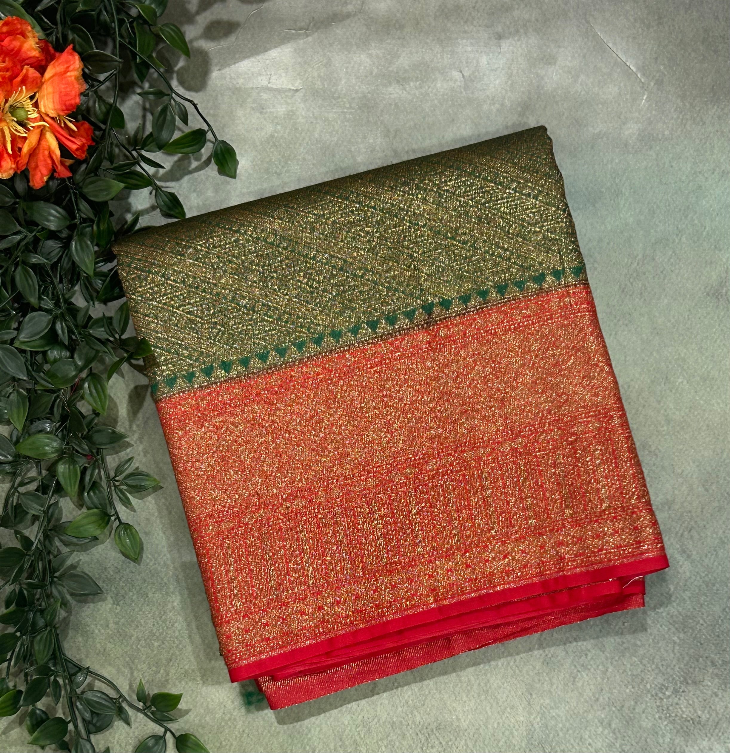 Bottle green brocade semi Benarasi saree(Rashmika Mandanna Brocade saree)