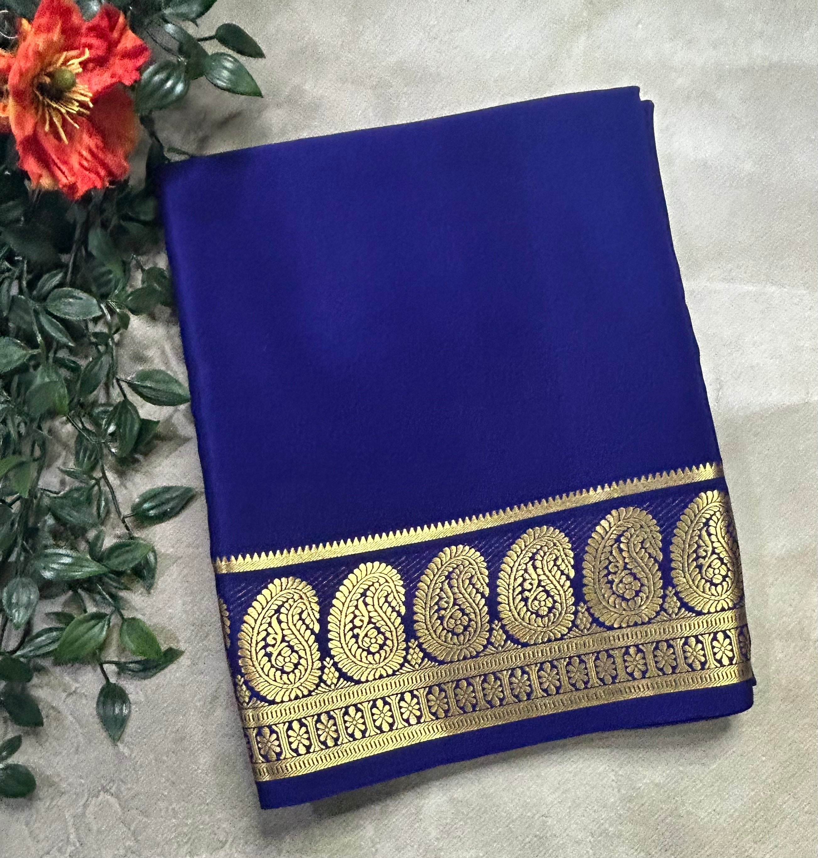 Navy blue plain mango border pure Mysore silk 105 saree