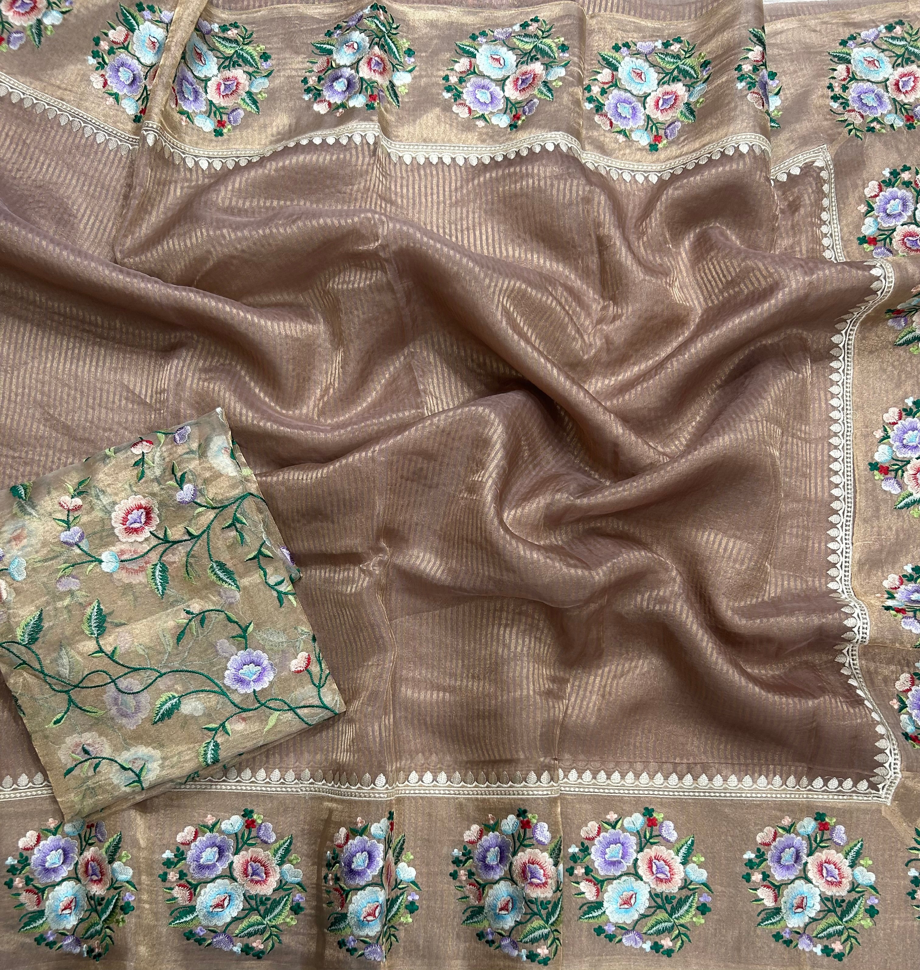 Rose gold stripes floral embroidery work pure organza 105 saree