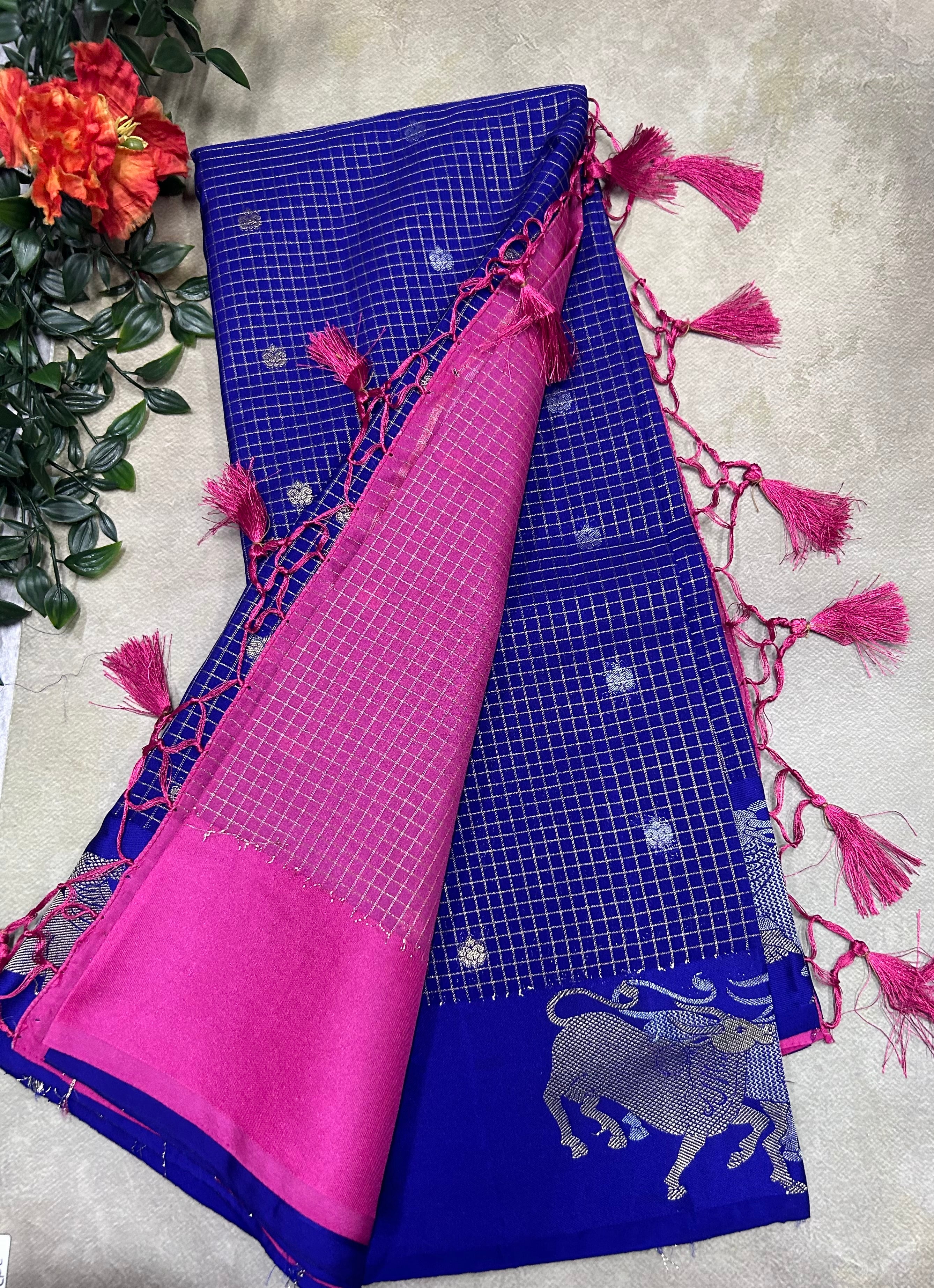 Royal blue small checks semi Mysore crepe saree(SMC106)
