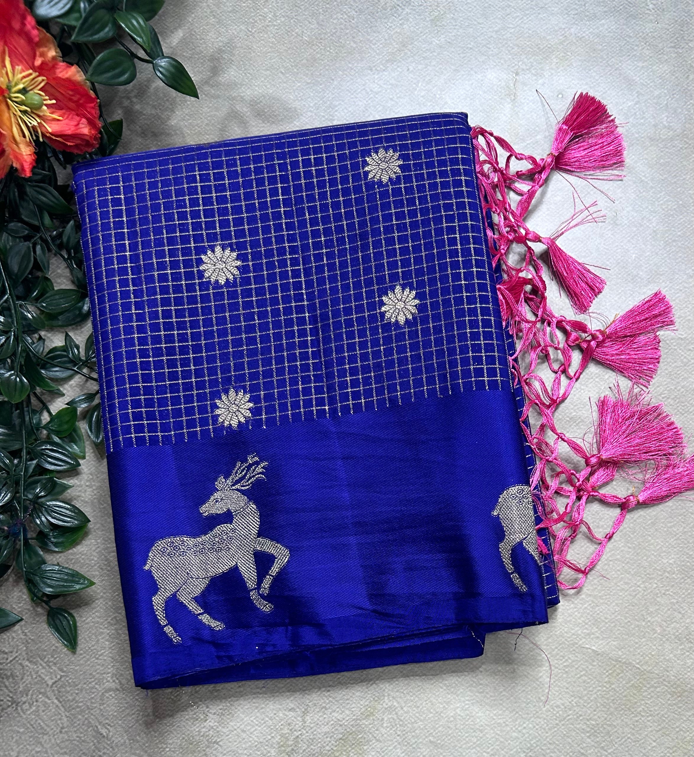 Royal blue small checks semi Mysore crepe 106 saree