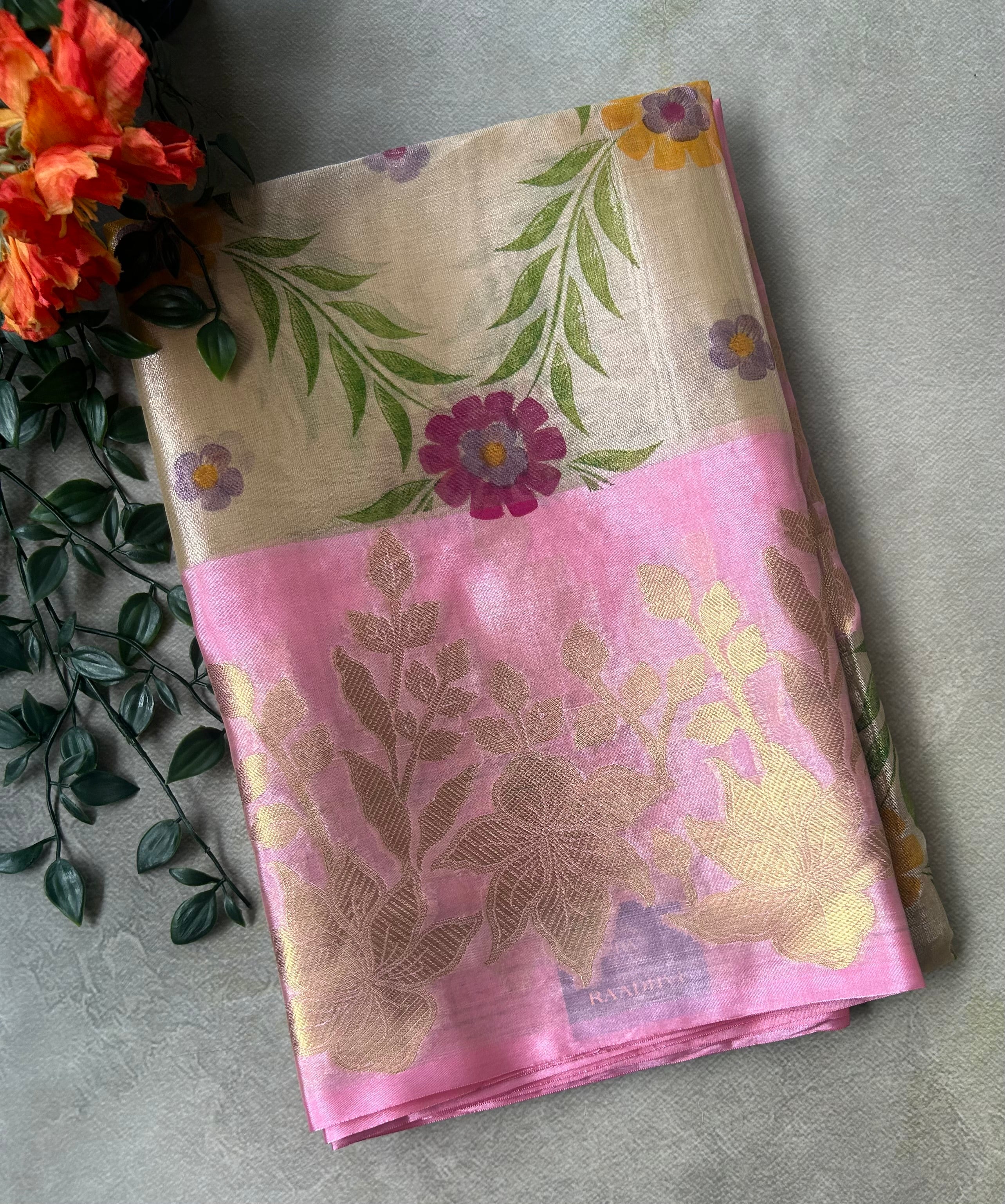Golden cream border semi tissue saree