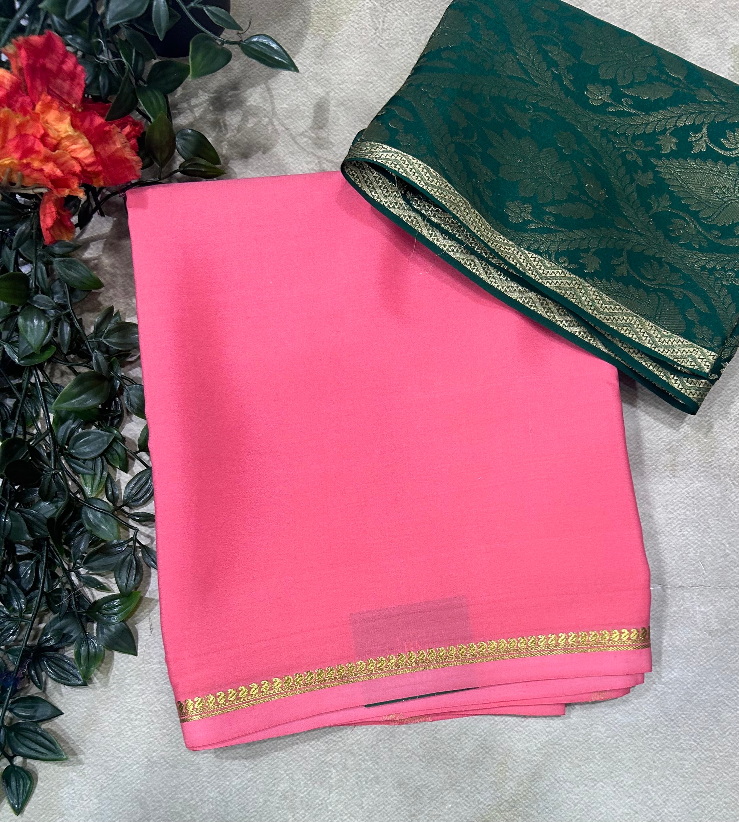 Pastel pink plain pure mysore crepe silk saree with Mysore brocade blouse piece(MSM106)