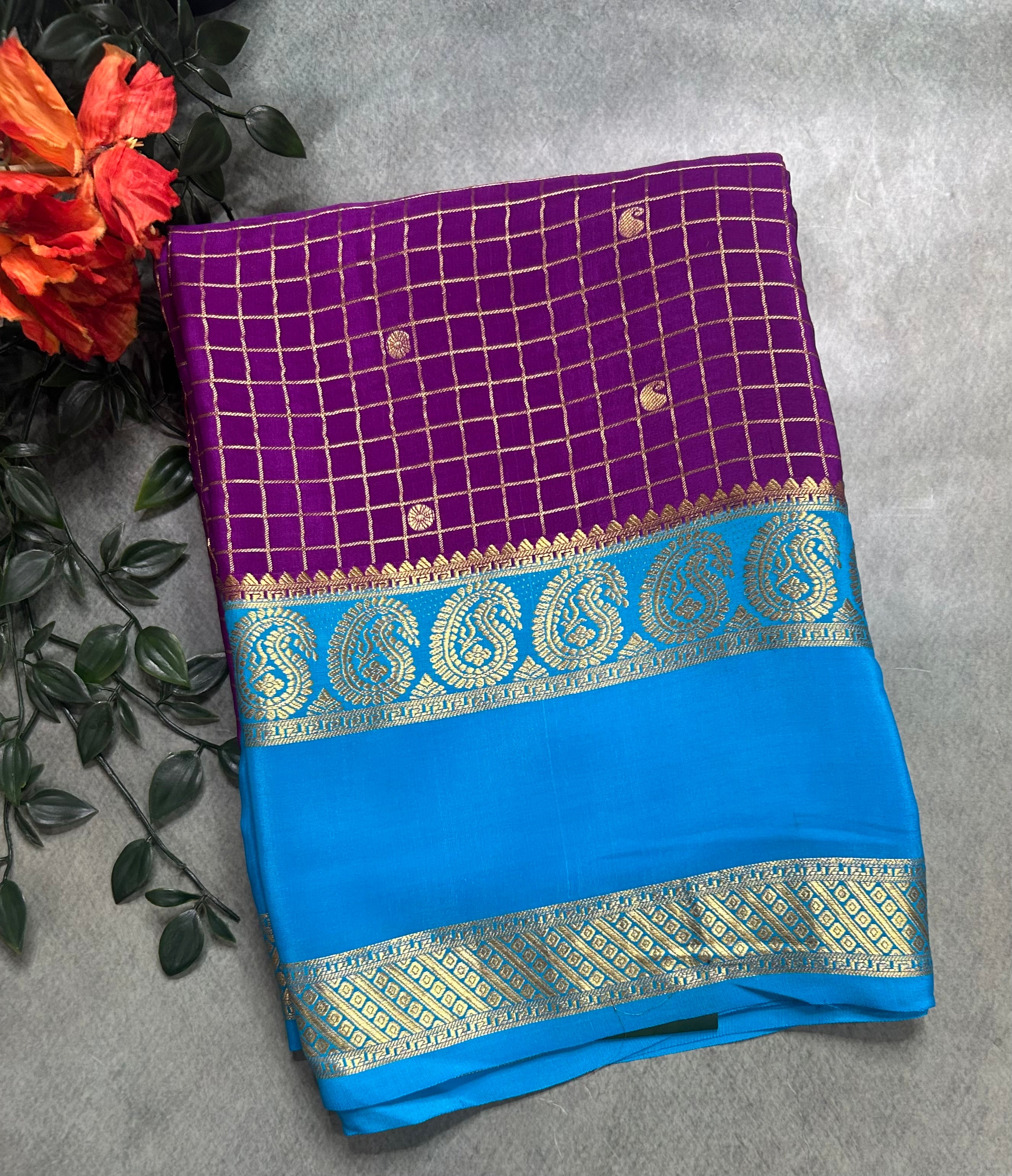 Purple small checks pure Mysore silk 105 saree
