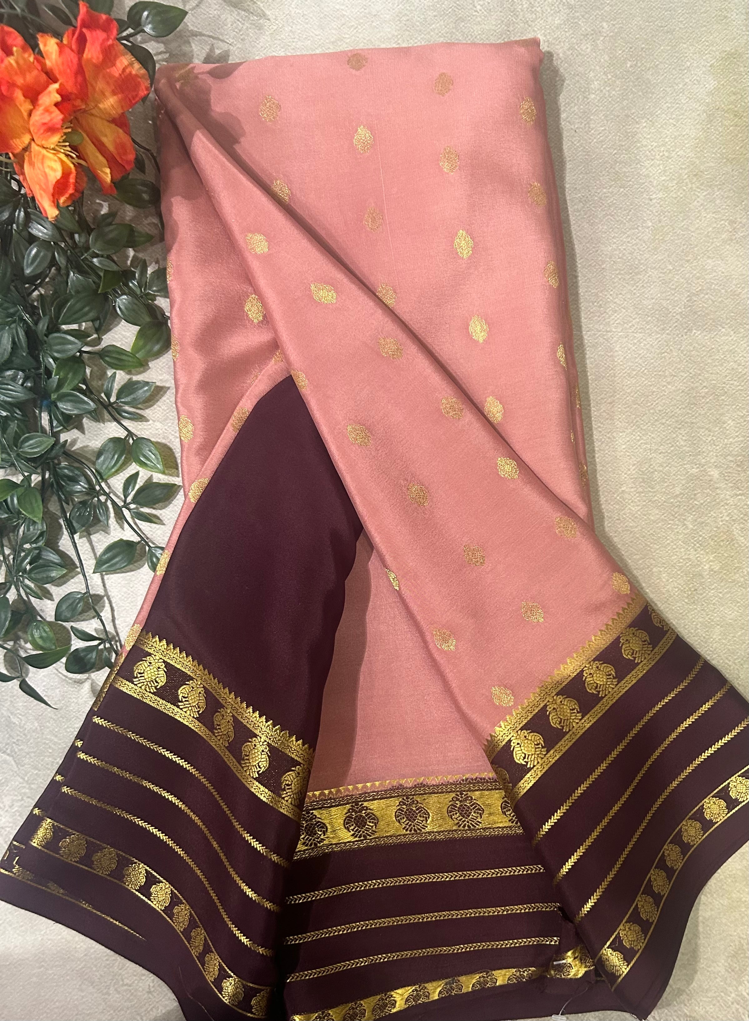 Pastel brown. Stripes border pure Mysore silk 104 saree