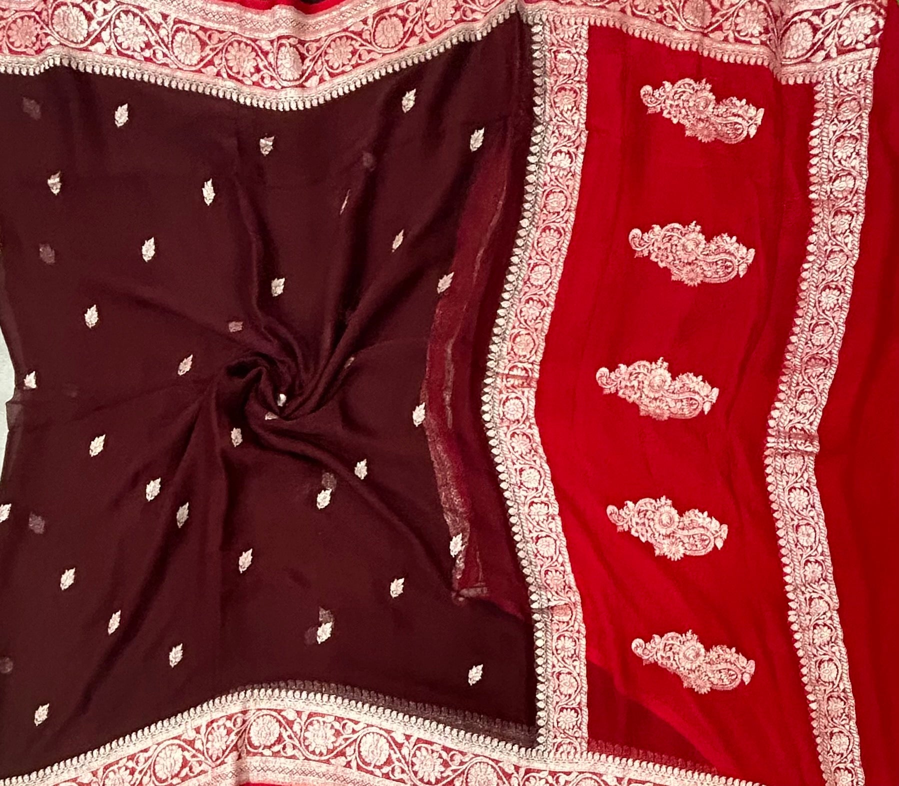 Brown n red benaras pure khadi chiffon