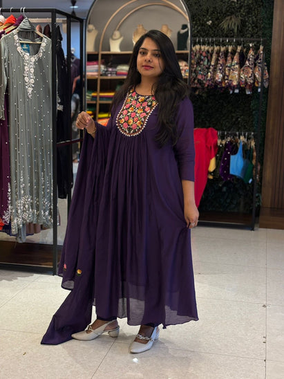 Purple Chinnon Embroidery 308 Airline Handwork Kurtha plus size
