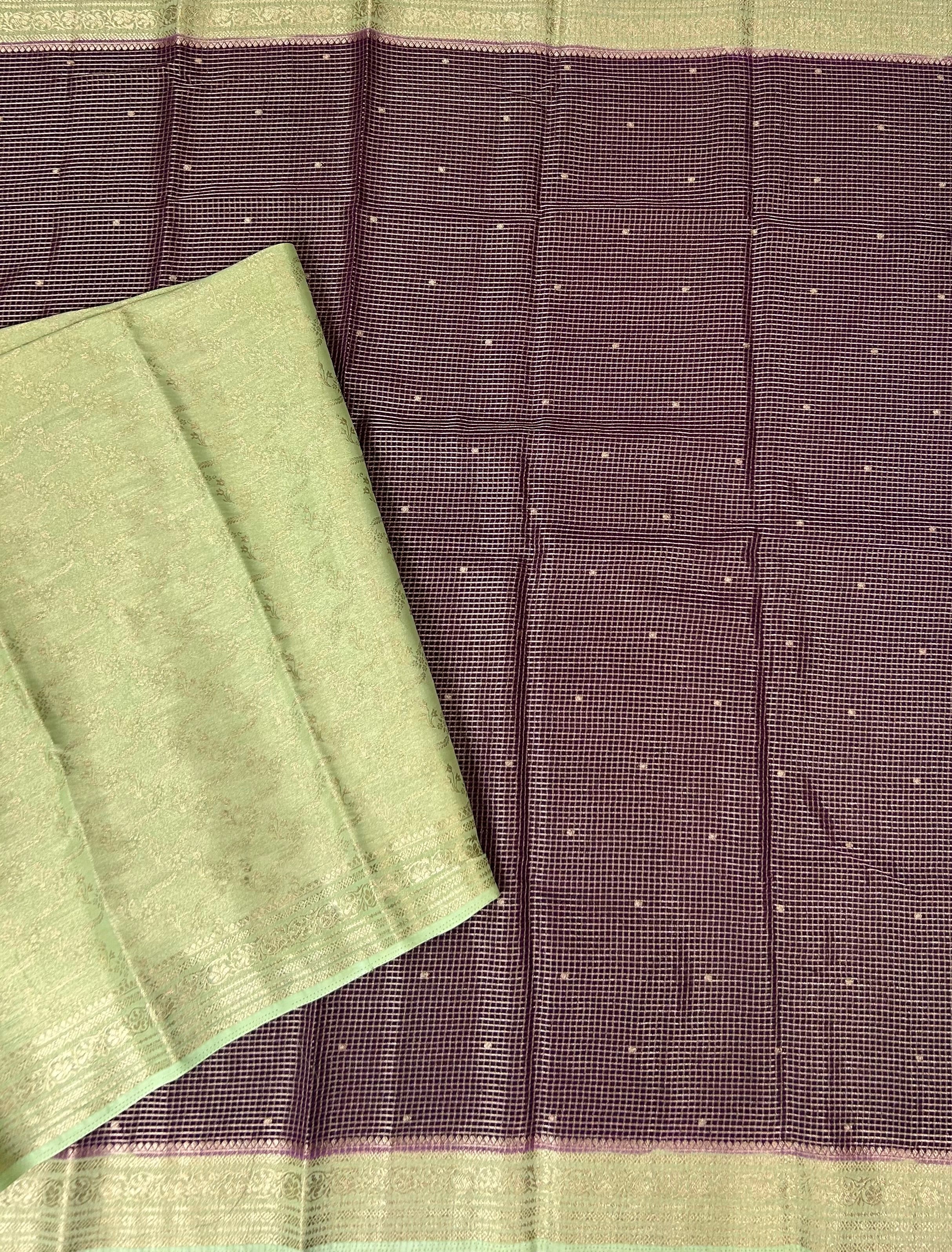 Wine small checks semi mysore crepe-12 saree