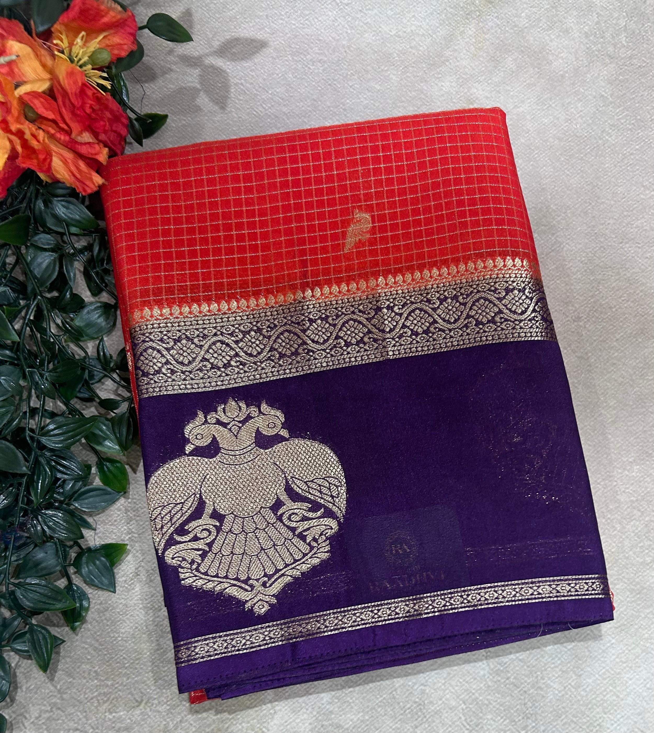 Orange gandaberunda border semi Mysore crepe 106 saree
