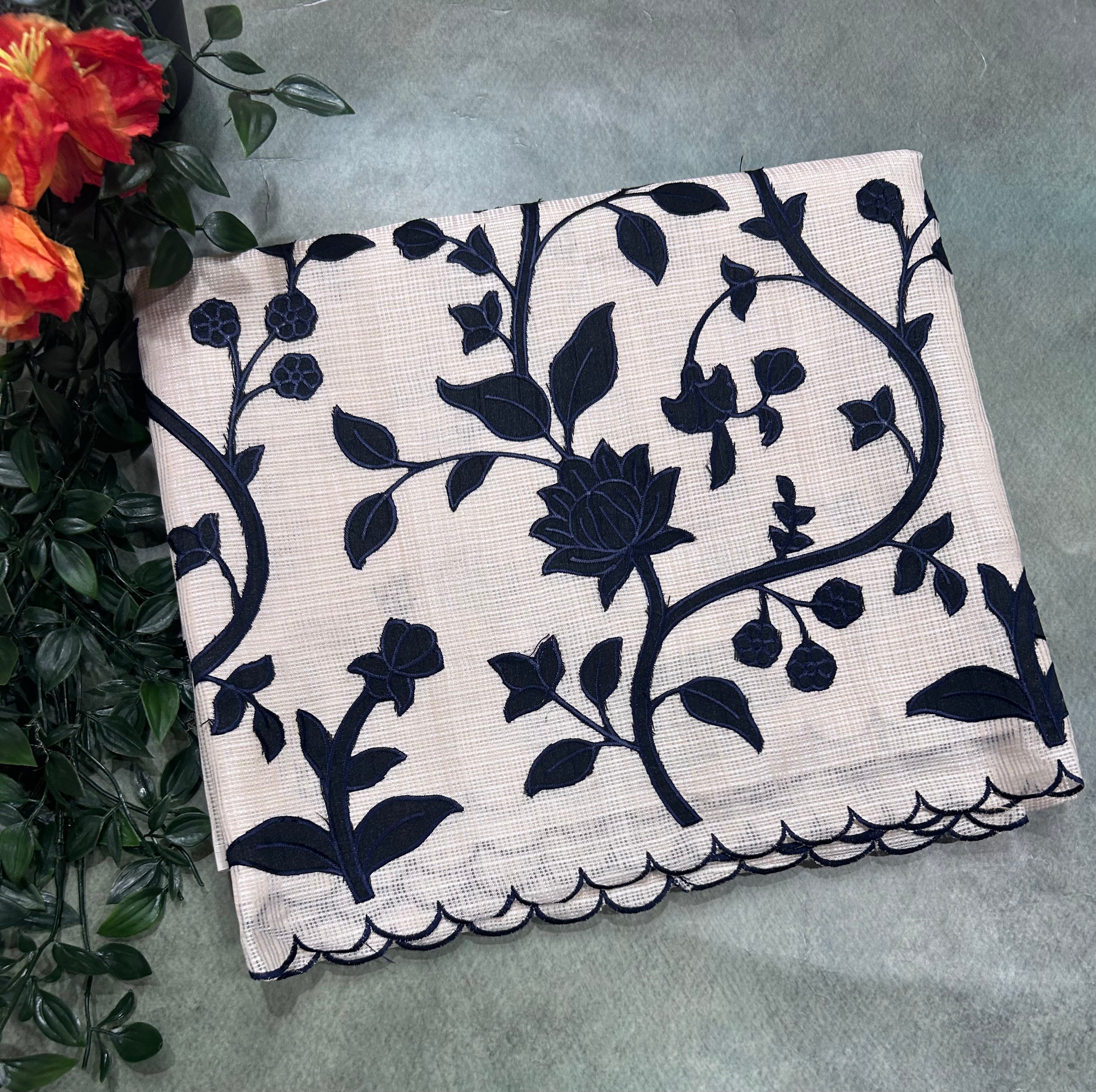 Cream scallop border black embroidery work Kota check 106 Saree