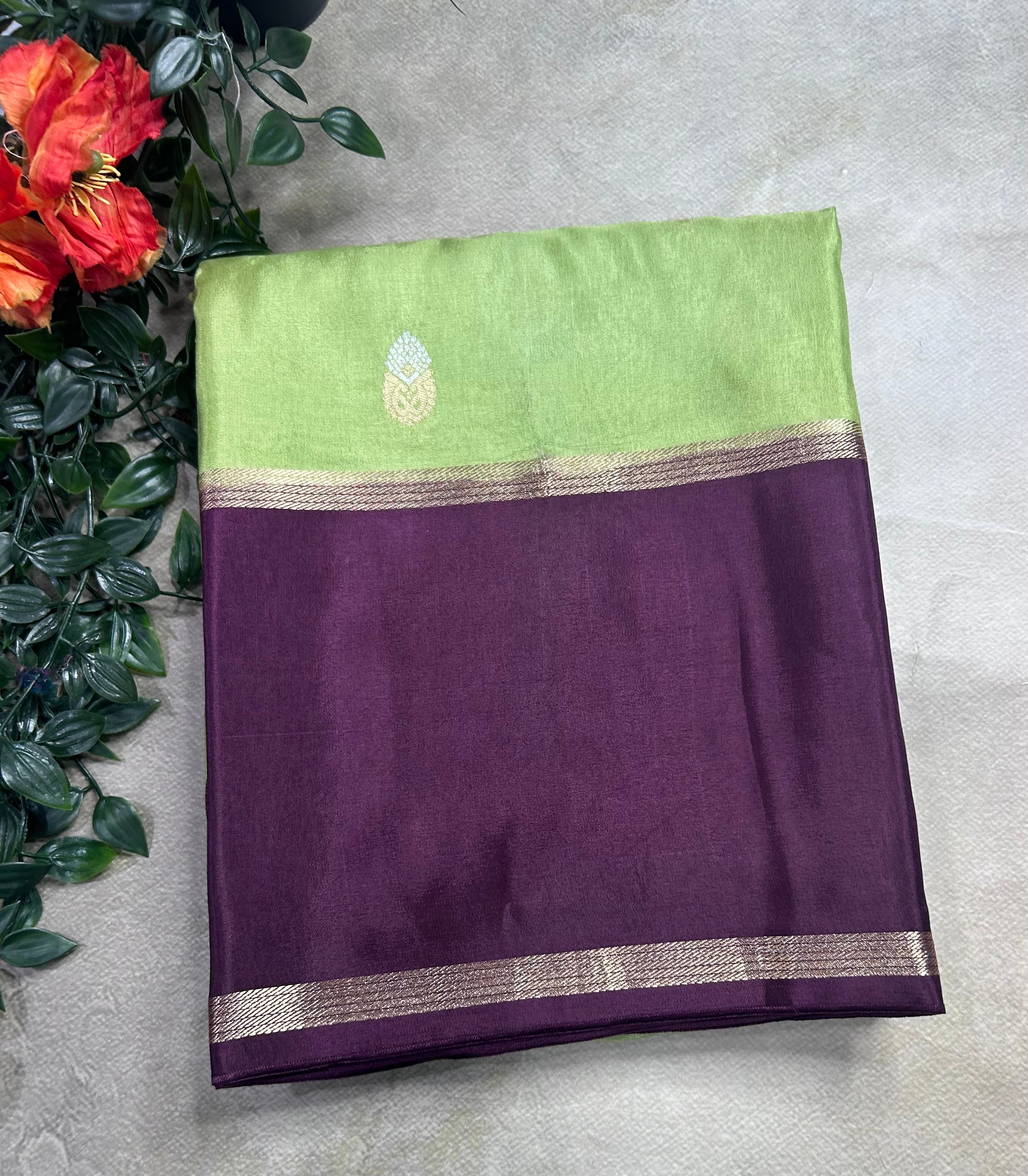 Pista green bentex border semi Mysore crepe 106 saree
