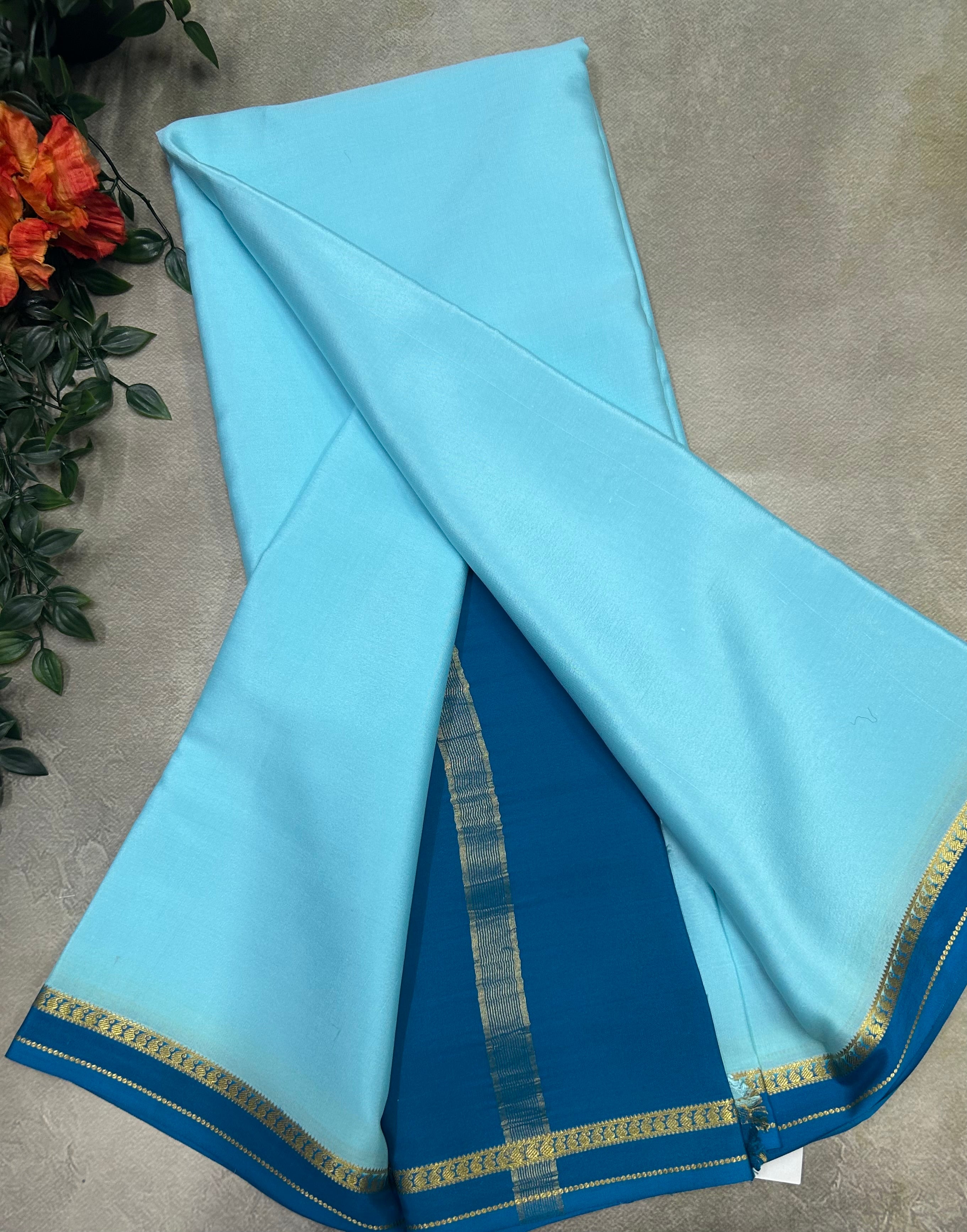 Sky blue small border pure Mysore silk 103 saree