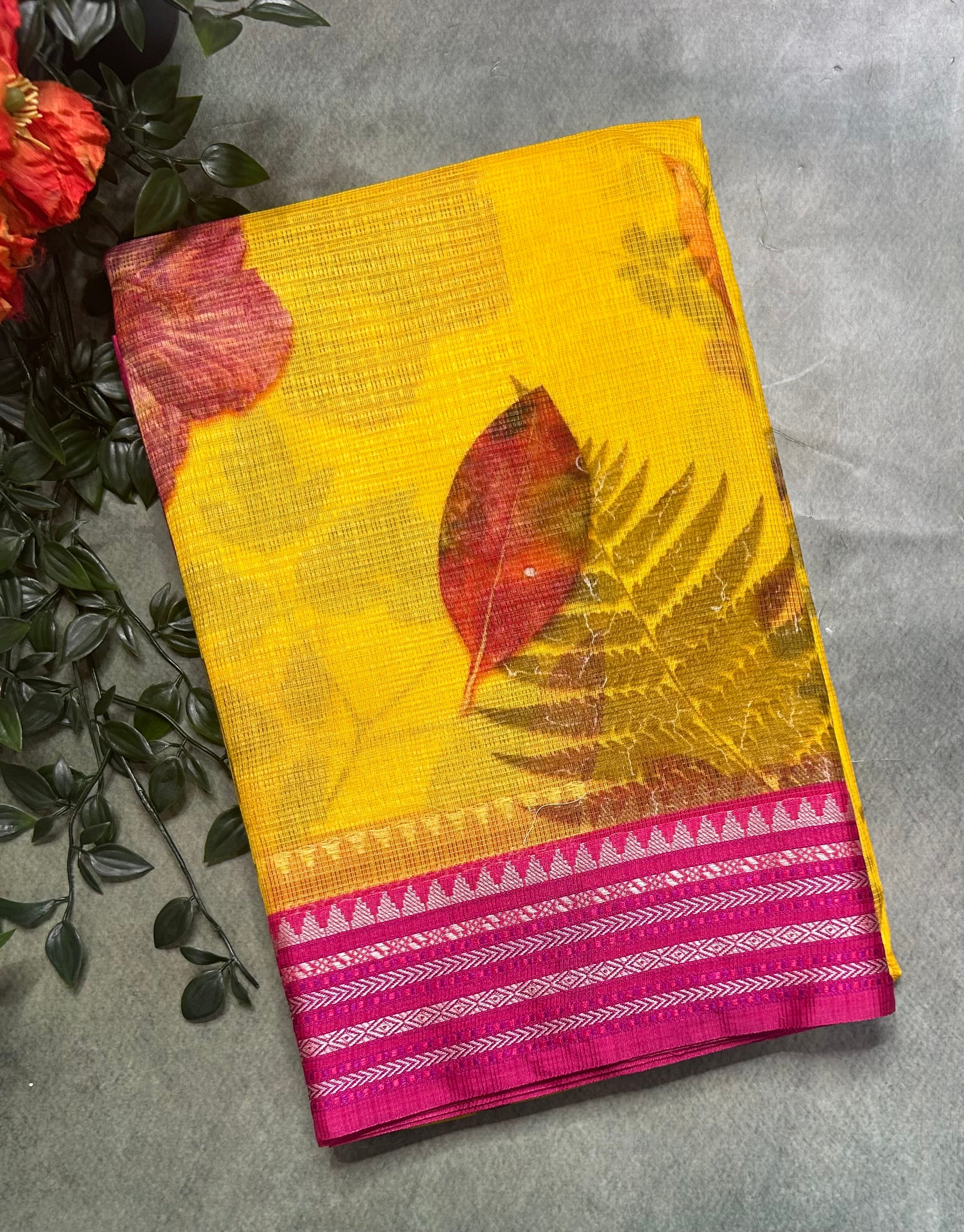 Yellow digital print Kota checks 105 saree