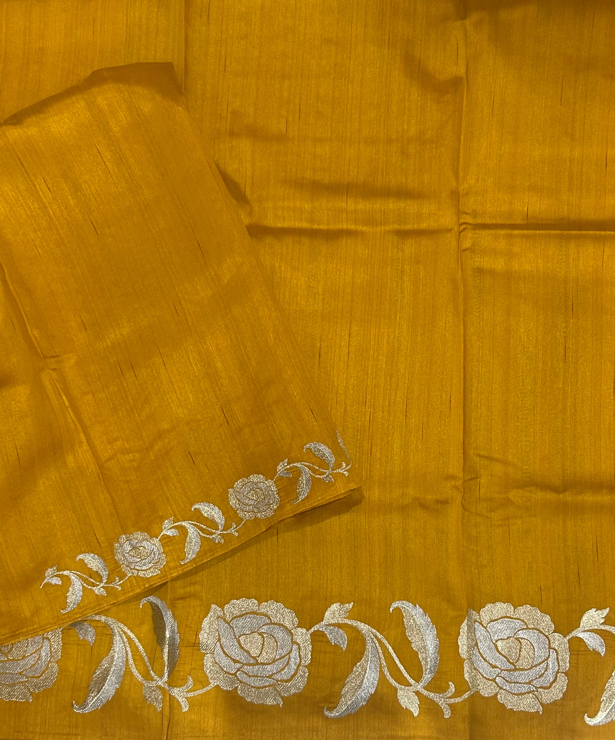 Mustard yellow plain embroidery work border semi Tussar saree